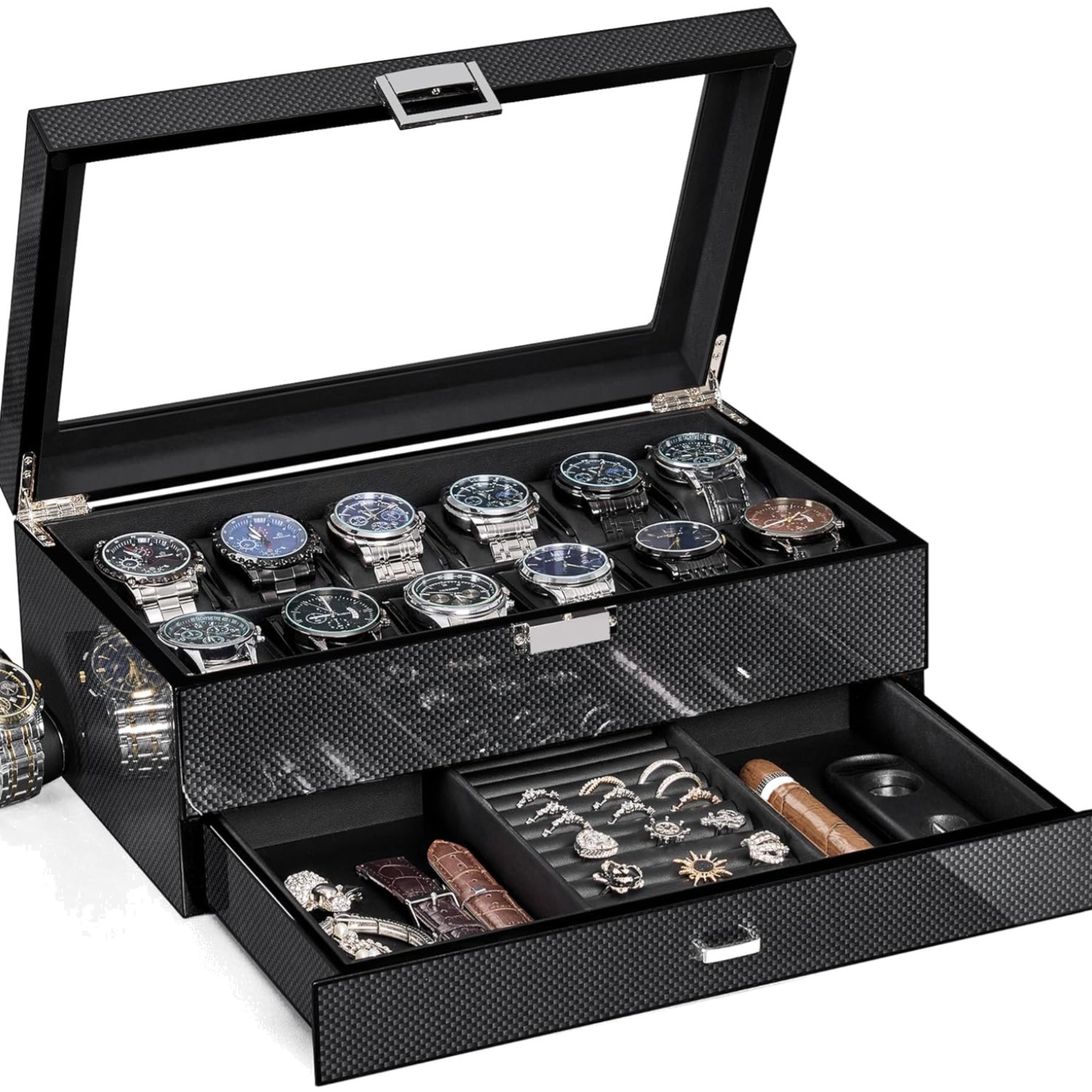 Watch Case, 12-Slot Wooden Watch Box with Valet Drawer, 2-Layer Watch Organiz...
