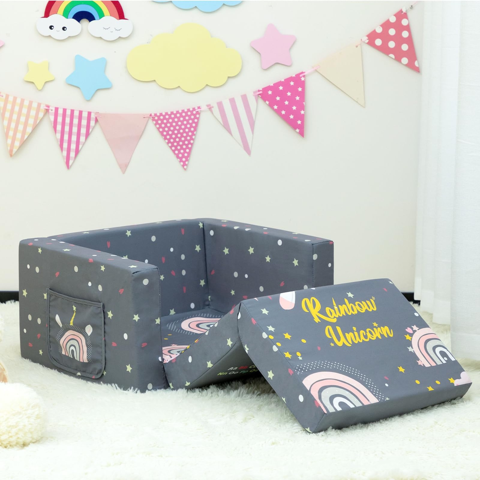 2-in-1 Flip Out Comfy Toddler Couch, Lovely Kids Chair Convertible Sofa to Lo...