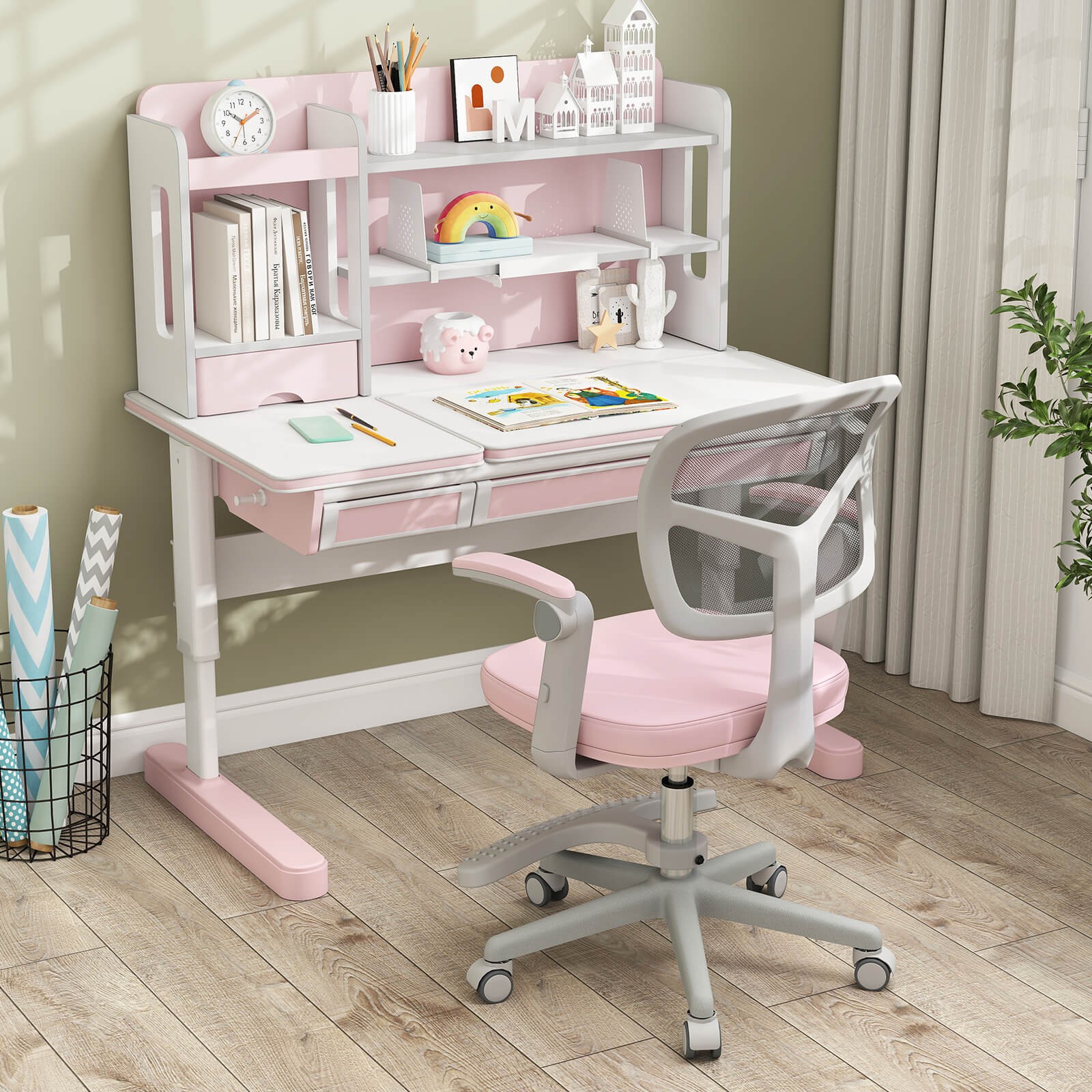 Kids Desk Chair Children Study Chair w/Adjustable Height, Armrest & Footrest