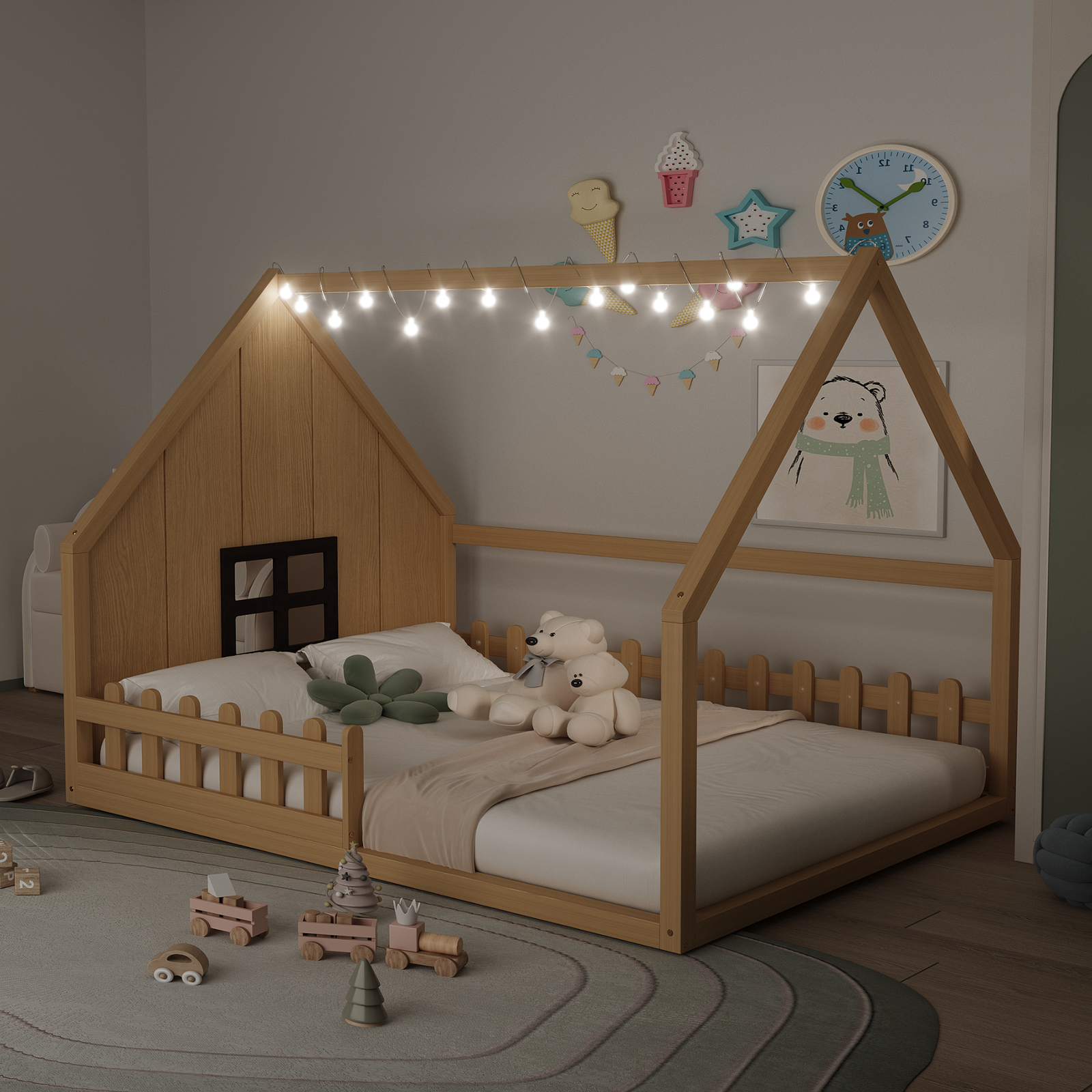 Full Size Wood House Bed Wood Slatted W/ Window and Fence Natural For Kids Teens
