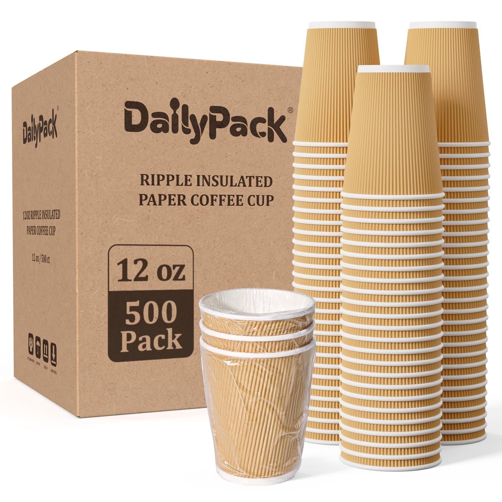 500 Pack 12 oz Paper Coffee Cups, Ripple Insulated Paper Cups, Hot Water Cups...