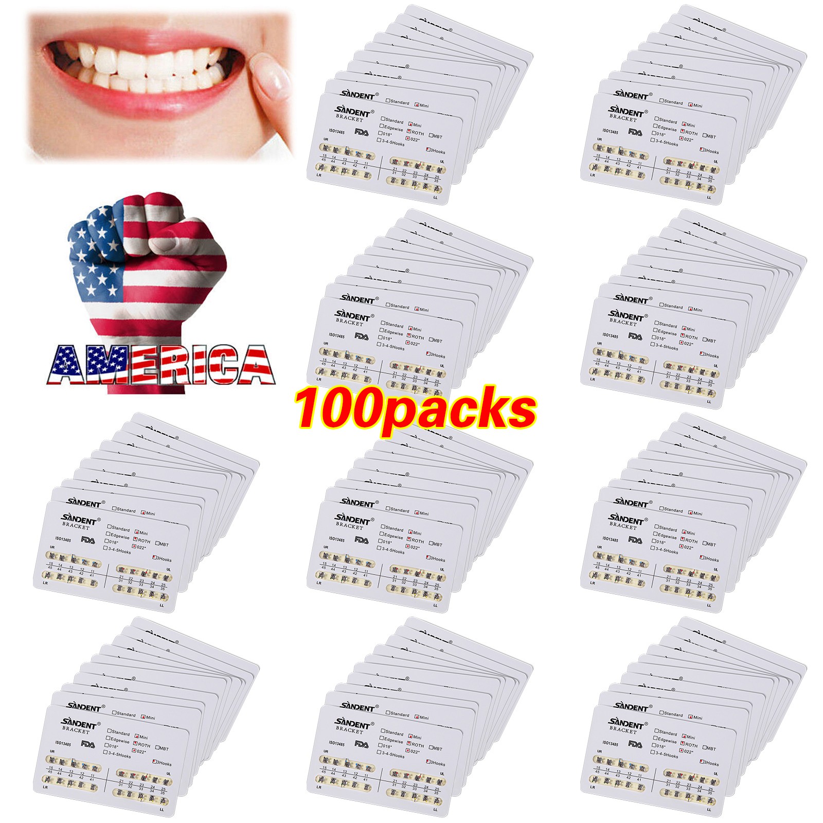 10-100 packs Dental Orthodontics Brackets Braces Mini Roth 022"Slot 3-Hooks #3