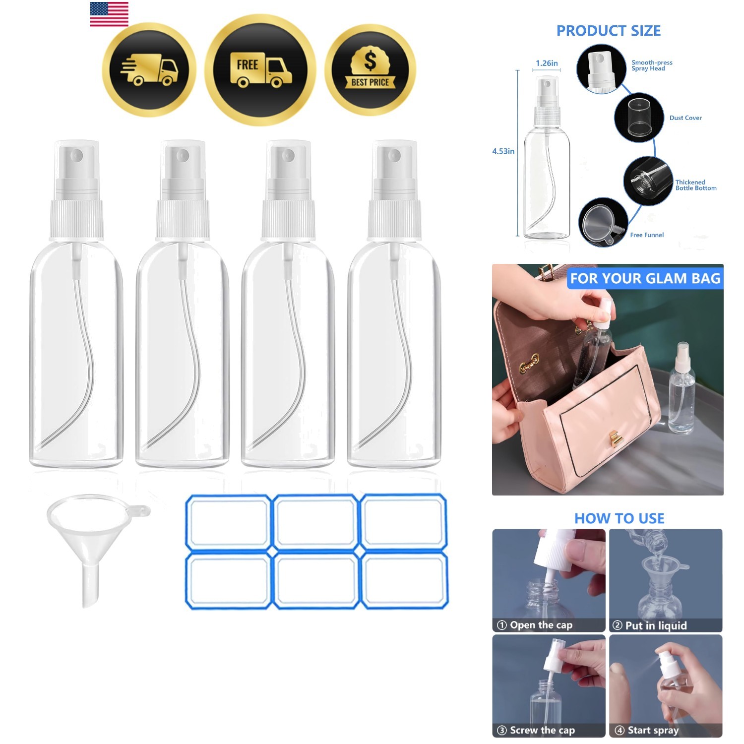 4 Pack 2 Oz 50ml Mini Spray Bottles Clear, Plastic | Travel Size Refillable S...
