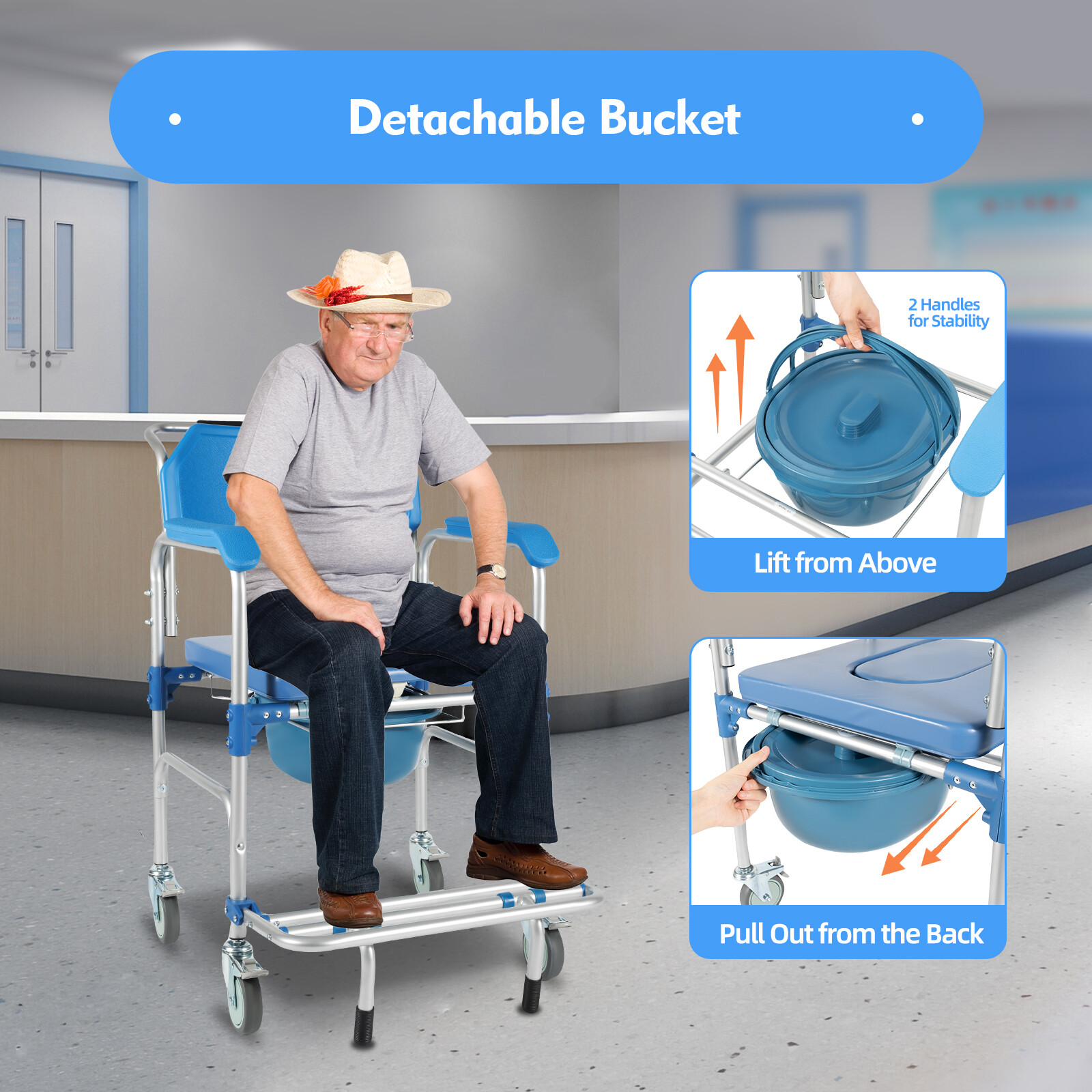 Shower Chair Toilet Seat Potty Chair Wheelchair Fit Elderly Disability 350 LBS
