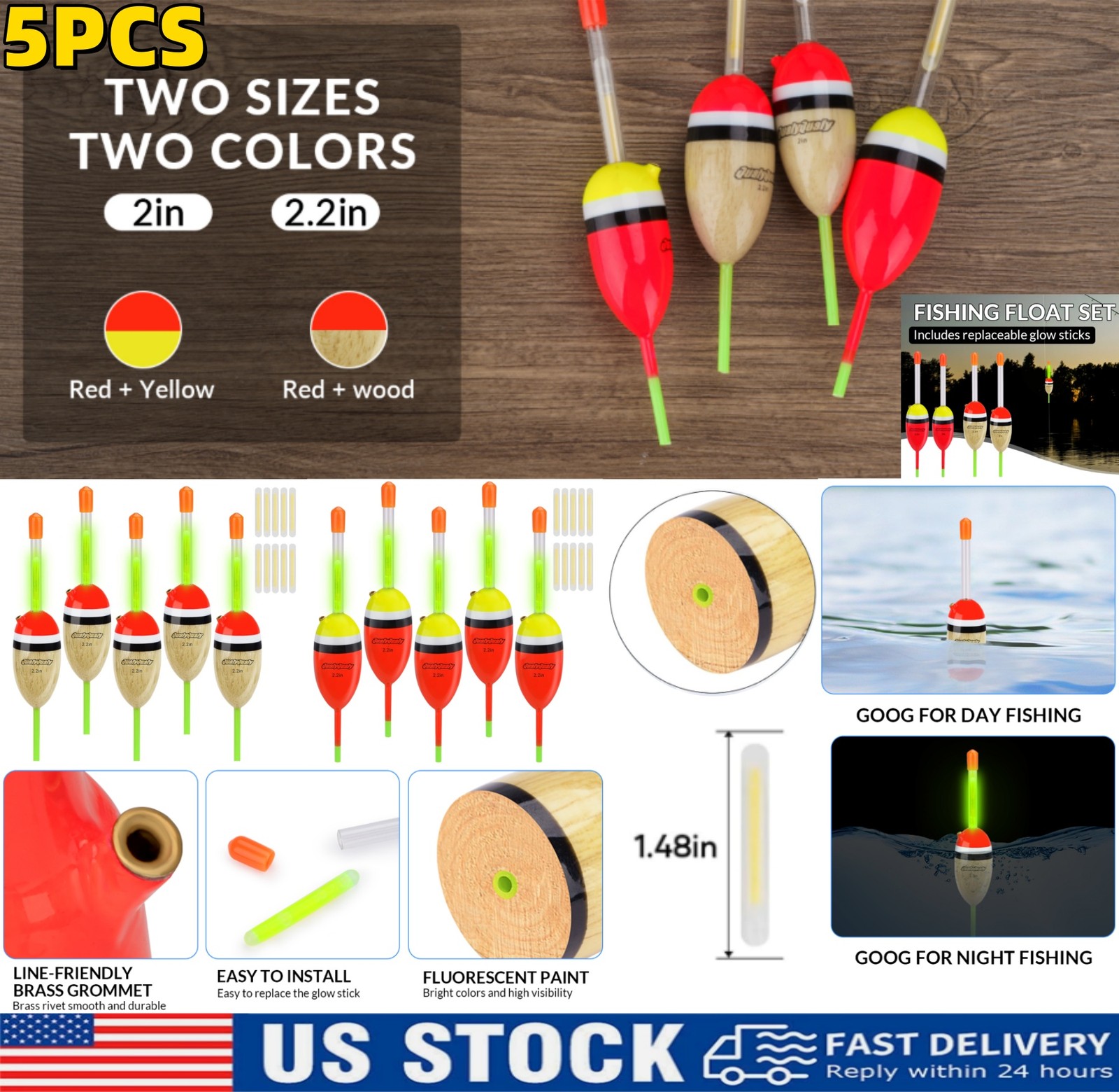 5PCS 2/2.2IN EVA Foam Fishing Floats Night Lighted Fishing Bobbers Slip Floats