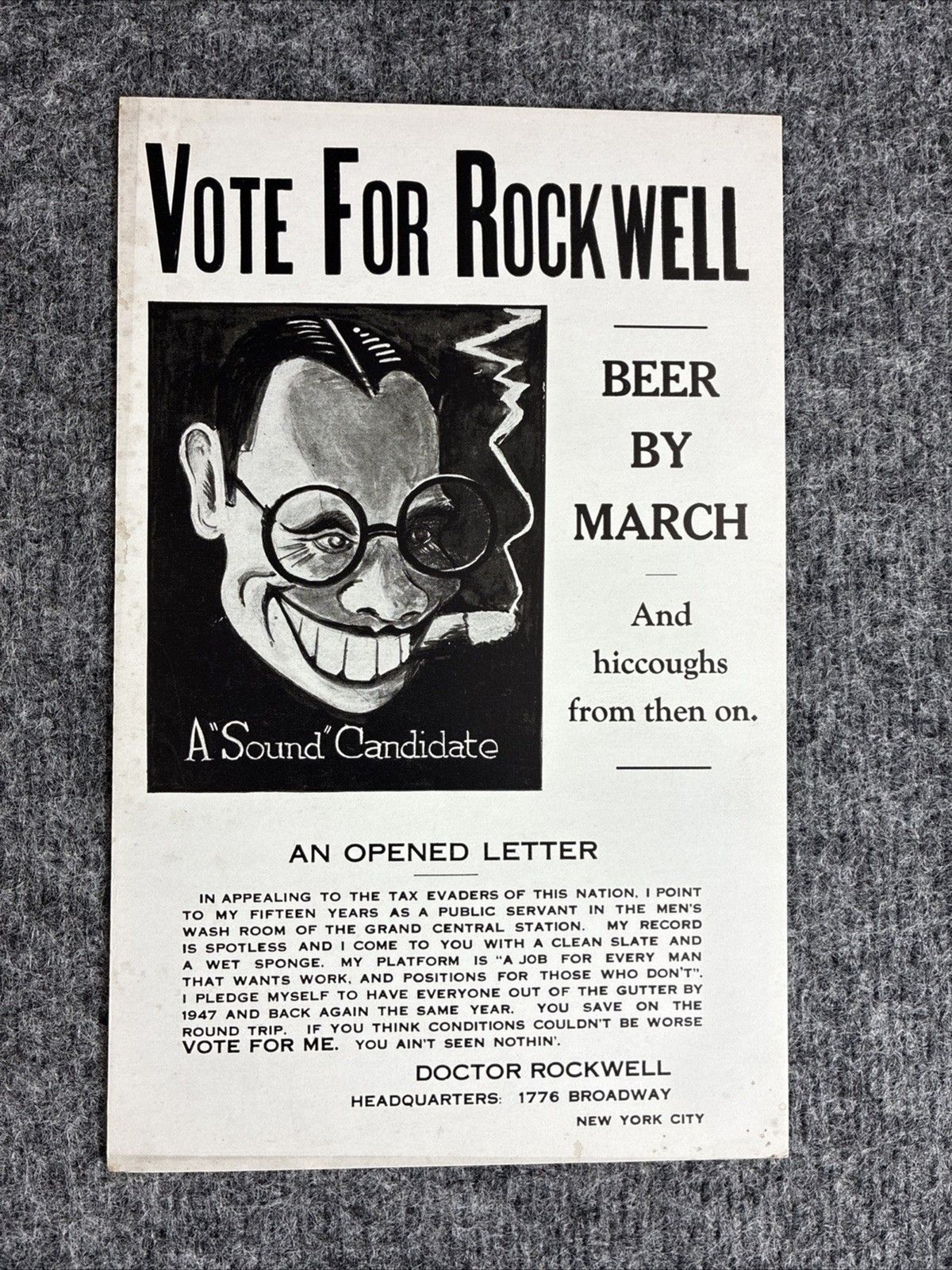 1940s Novelty Political Card Thick Stock New York Rockwell Humor Satire Post War