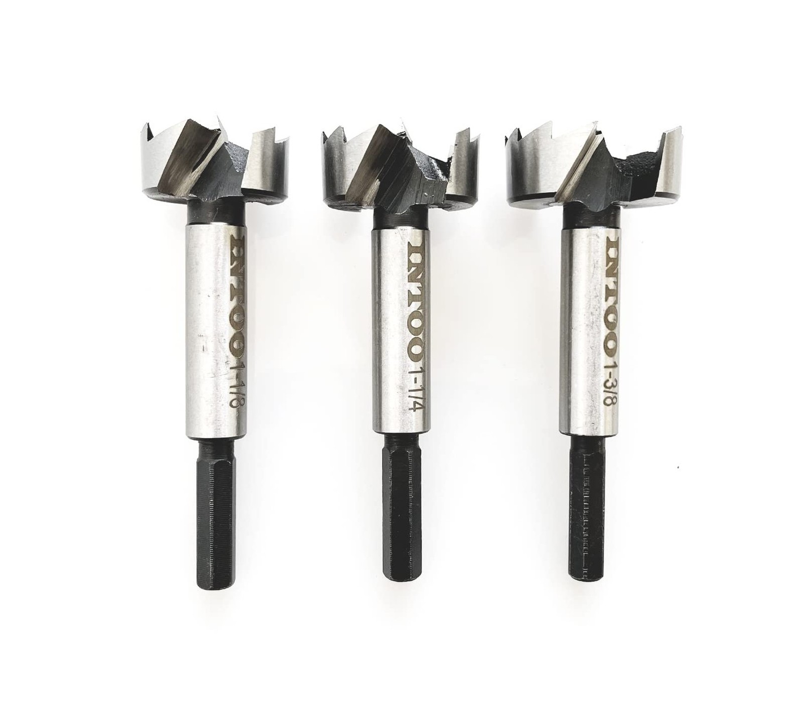 INTOO Forstner Bit Set 3Pcs Hex Shank,1-1/8",1-1/4",1-3/8" Multi Sided Shank ...