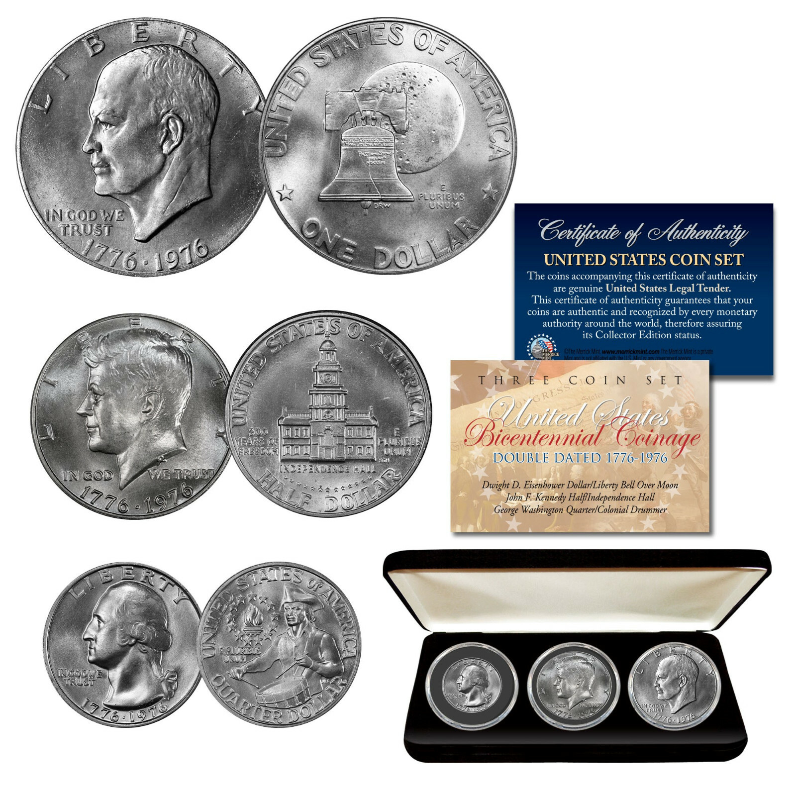 1976 Bicentennial U.S. Coins JFK Half / IKE Dollar / Quarter 3-Coin Set with BOX