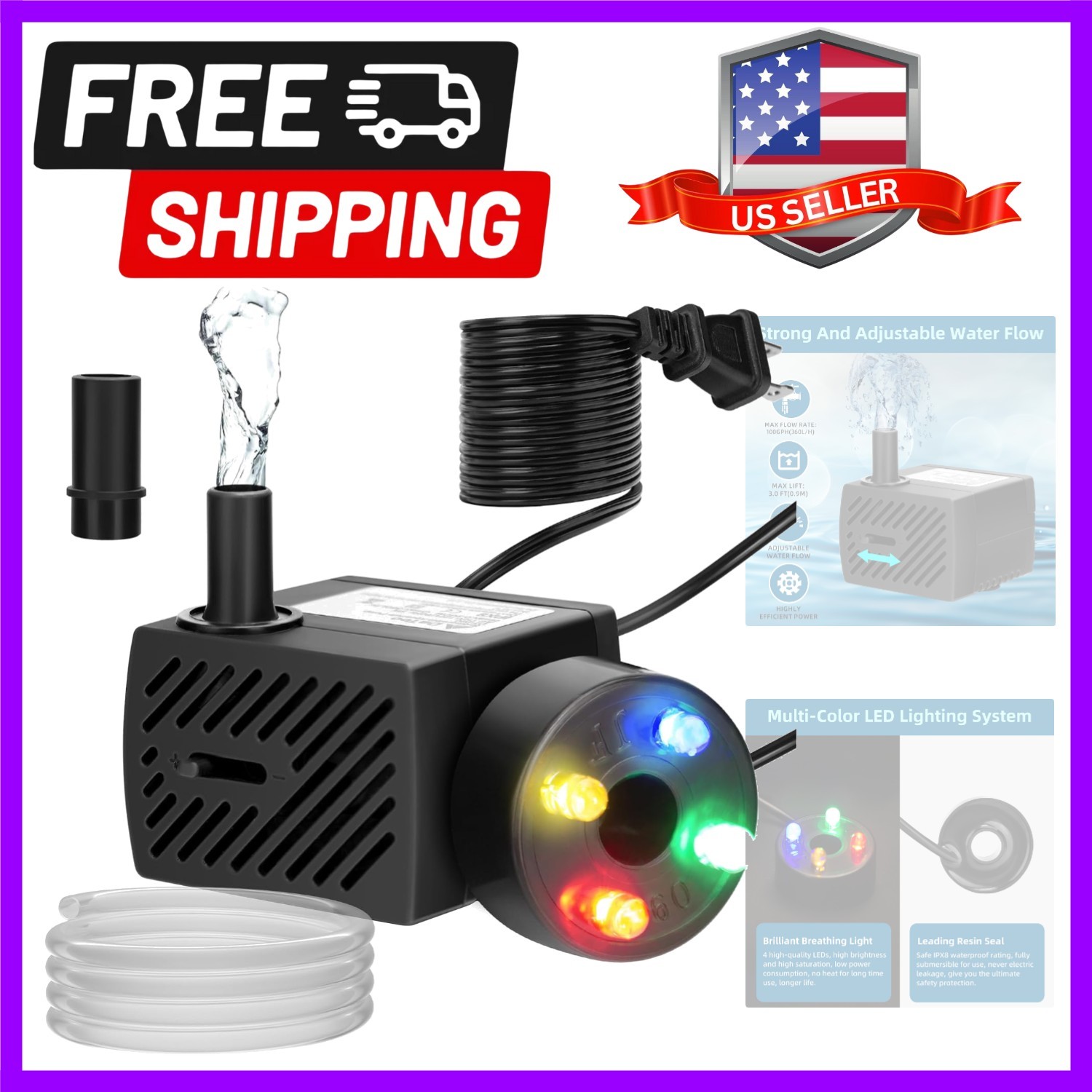 Mini Submersible Fountain Water Pump With LED Light 95GPH 5W Small Ultra Quie...