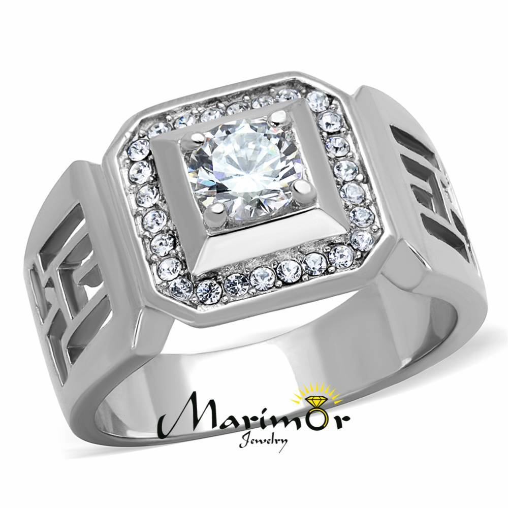 Men's 1.10 Ct Round Cut Cubic Zirconia Silver Stainless Steel Ring Sizes 8-13