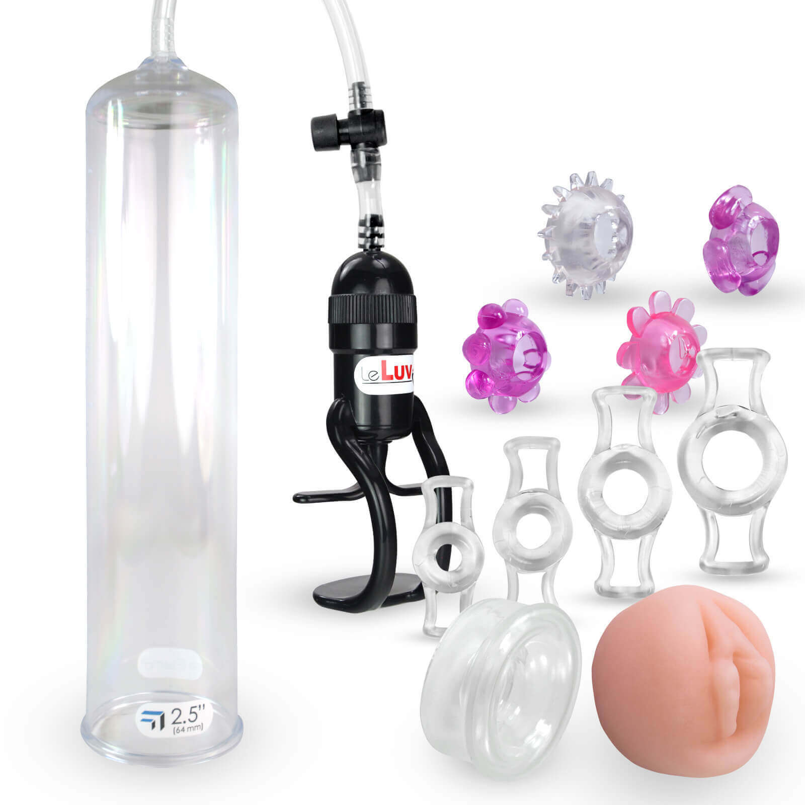 LeLuv Penis Pump 12 Inch Large EasyOp Zgrip with Clear Seal, Donut, 8 Rings