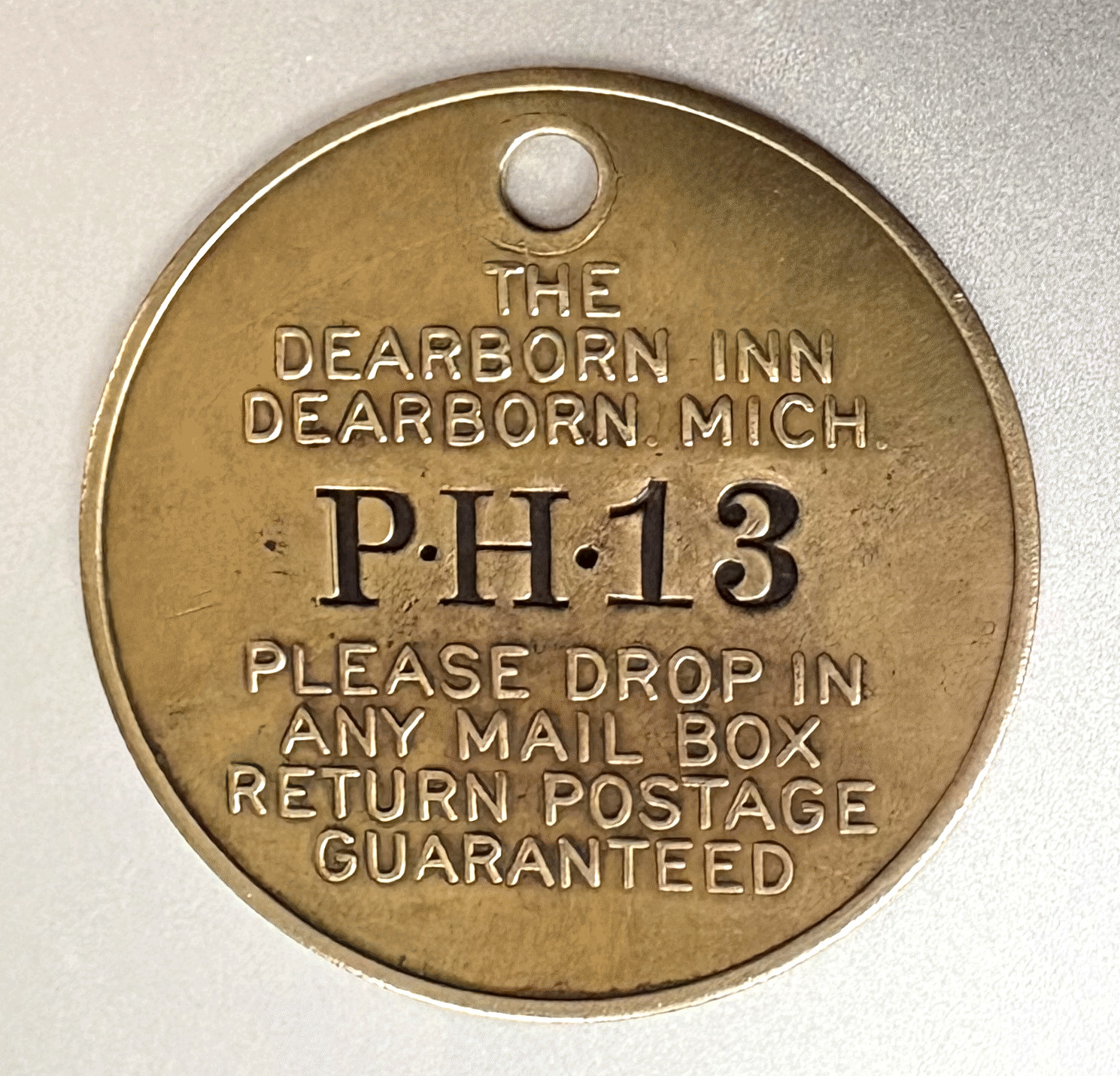 VTG Brass Key Fob HOTEL Tag: DEARBORN INN MI; FORD MOTOR Co; Patrick Henry House