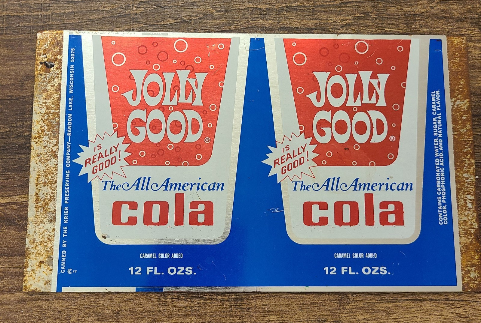 Vintage 1970s Jolly Good All American Cola Unrolled Flat Soda Can RARE Metal Tin