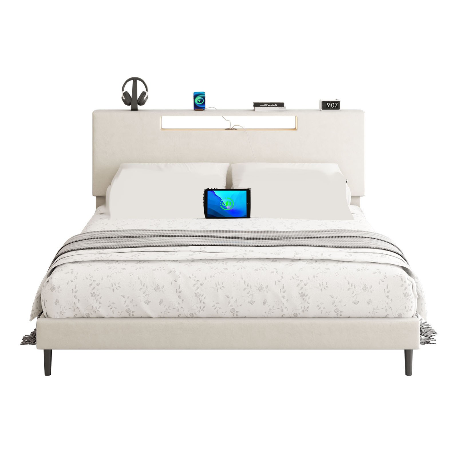 Upholstered Platform Bed Large Size Frame With LED Light And Charging Function