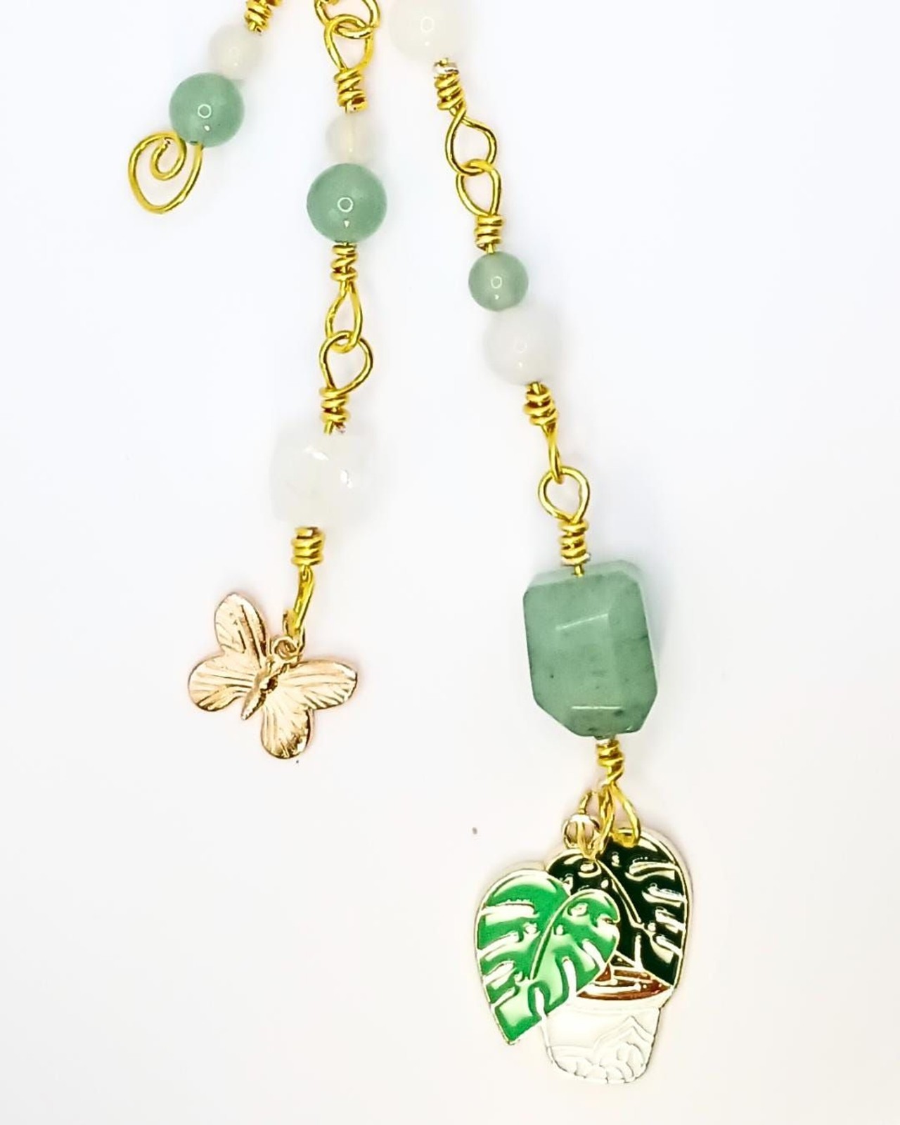 Monstera Plant Purse/Bag Charm | Green Aventurine, Gold-Tone | "Spring Tidings!"