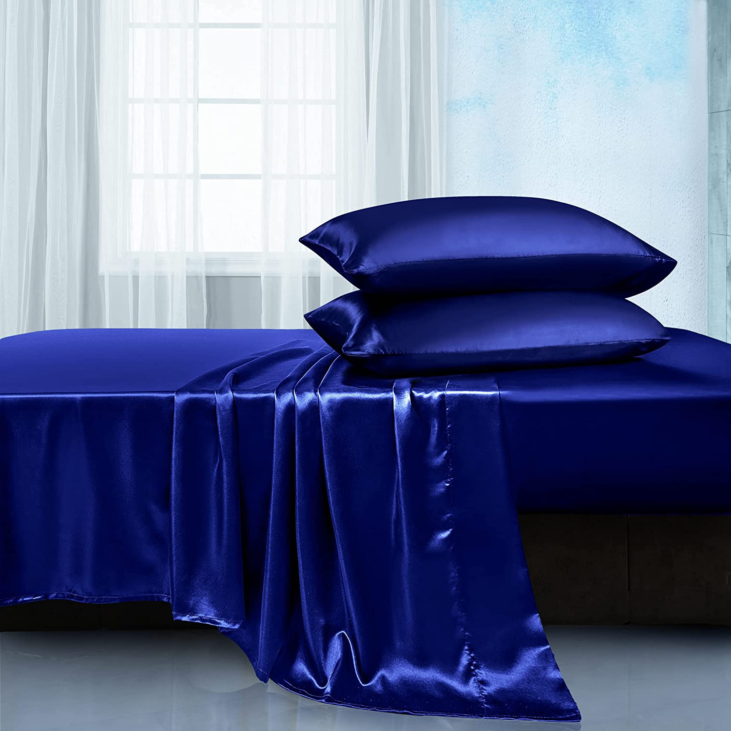 Juego De Sabanas Saten Suave Sedoso King Funda Almohadas Ajustable Cama 4 PCS