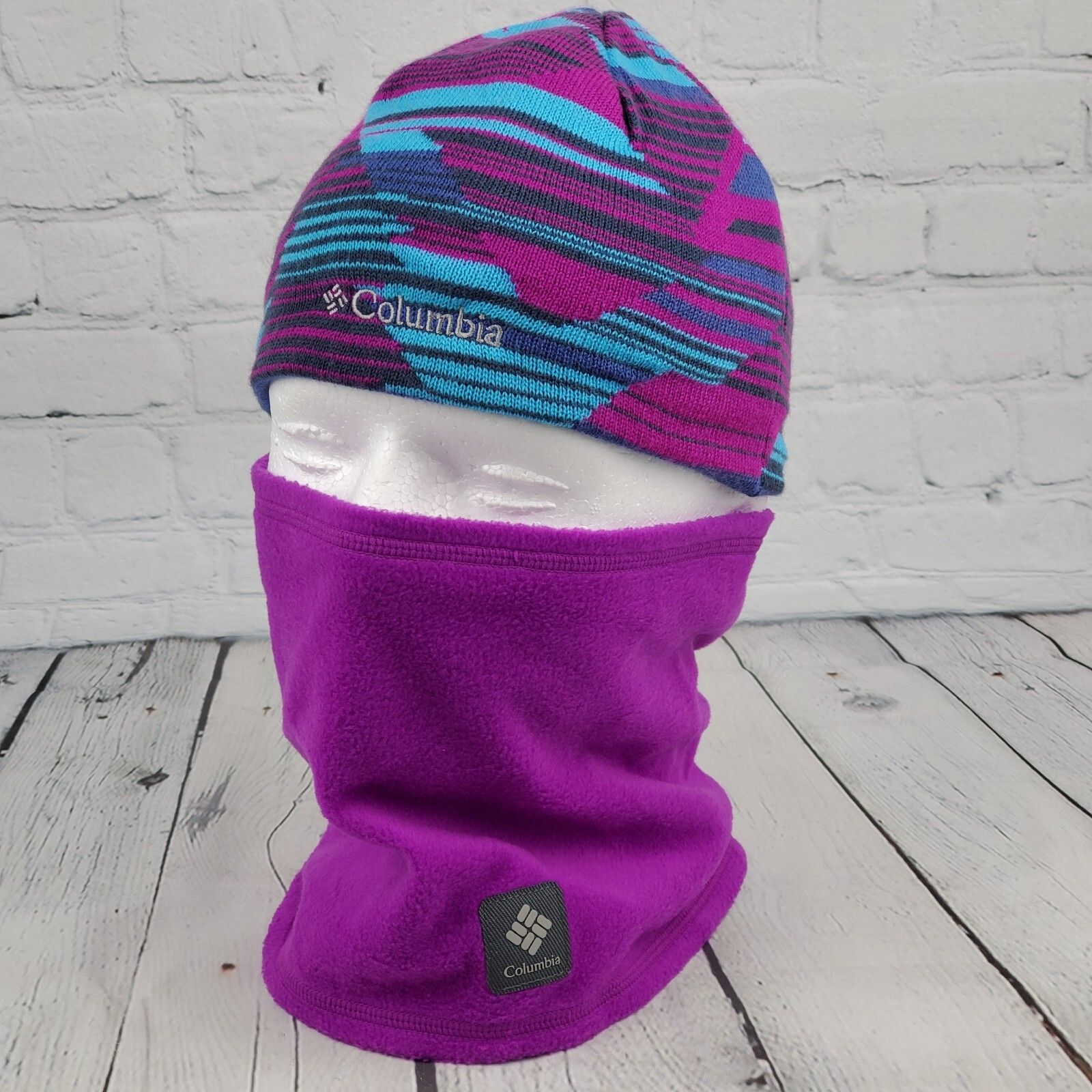 Columbia Beanie Skull Cap Hat Youth Purple Reversible With Gaiter 2 Piece Set