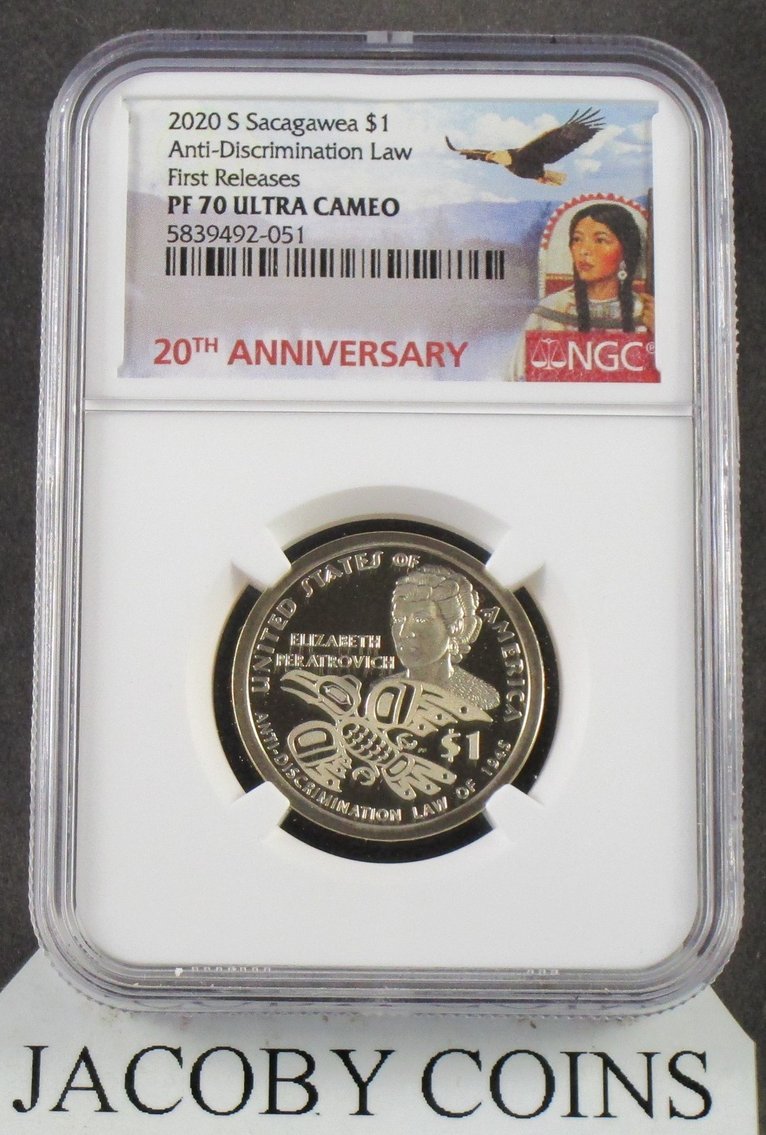 2020 S Sacagawea $1 Anti-Discrimination Law NGC PF70 First Releases Anniv Label