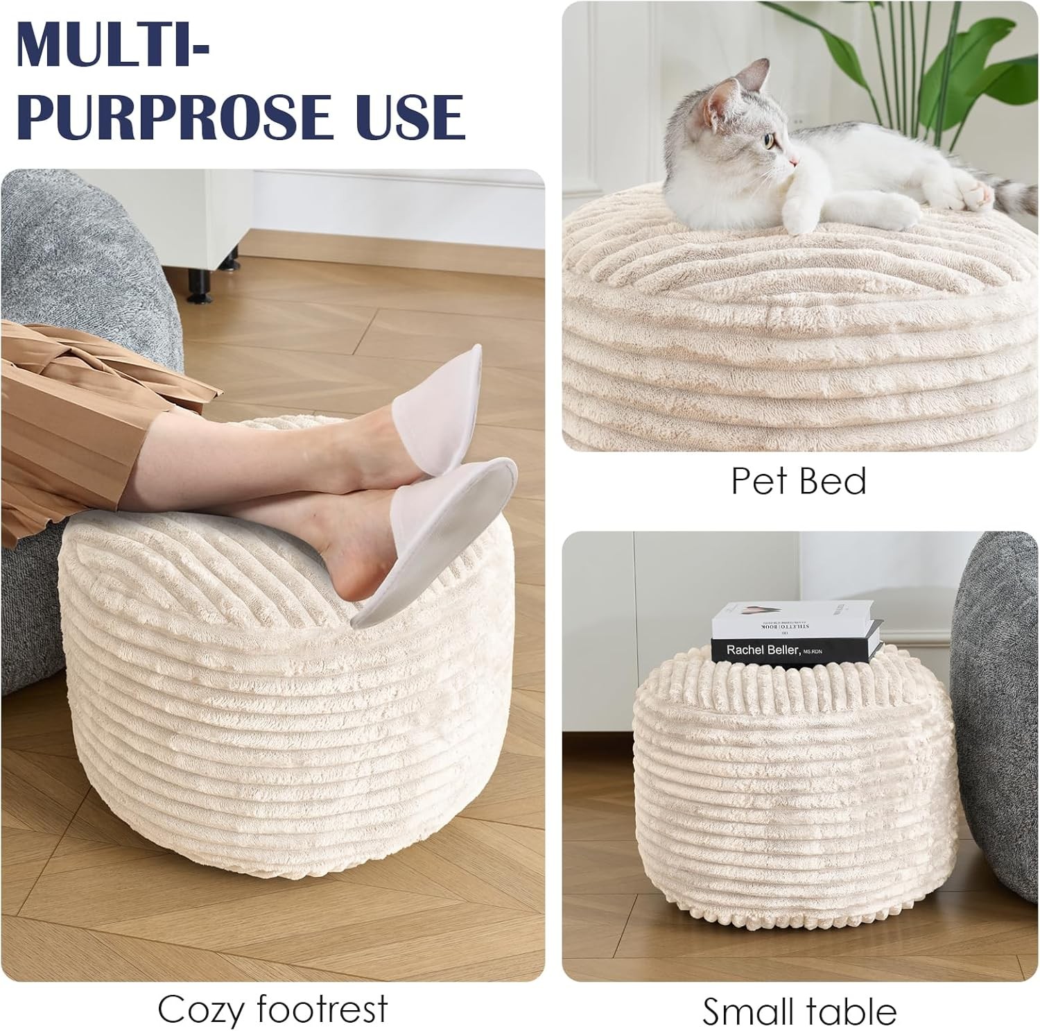 SHOUREN Round Pouf Ottoman Corduroy Foot Rest Fluffy Storage 20x15in Beige
