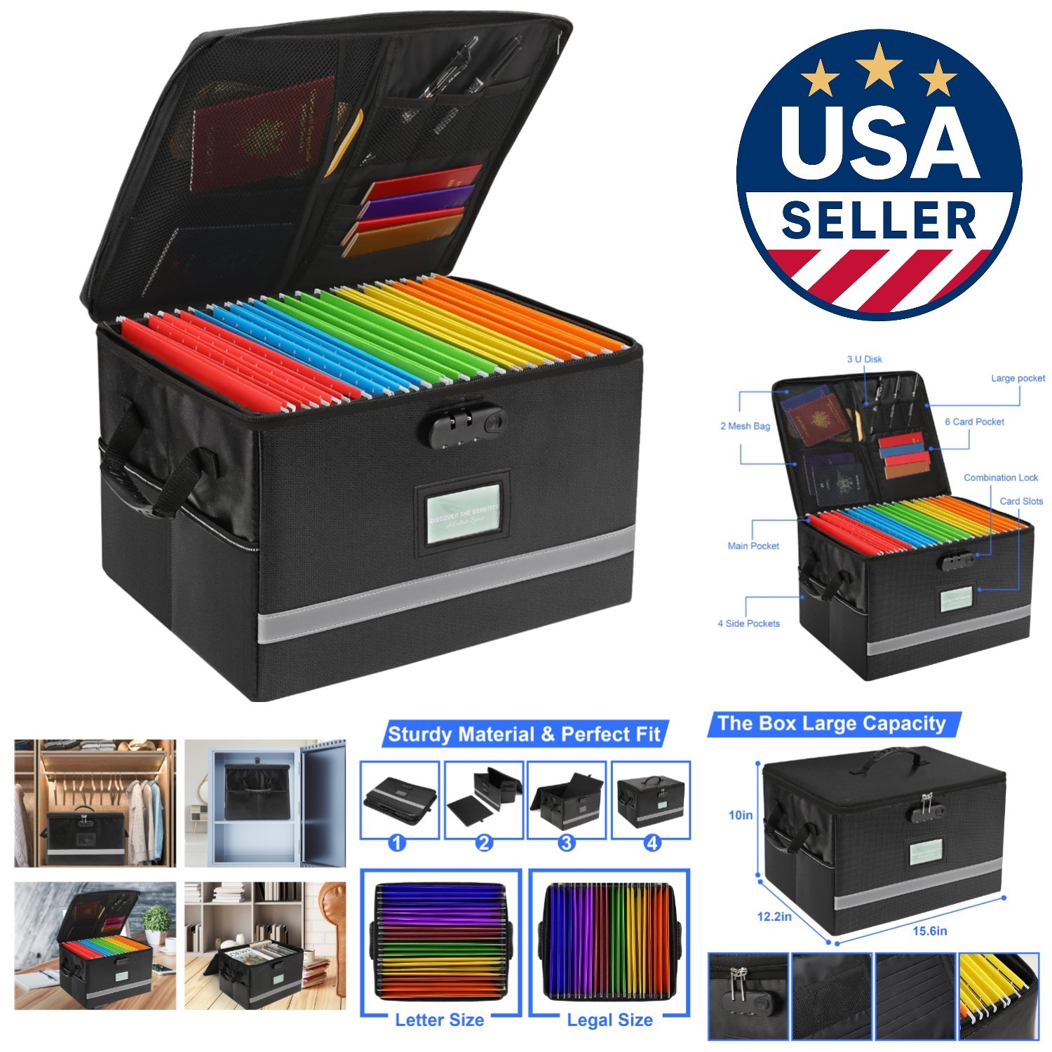 Large Capacity Fireproof File Box with Lock - Weather Resistant Organizer
