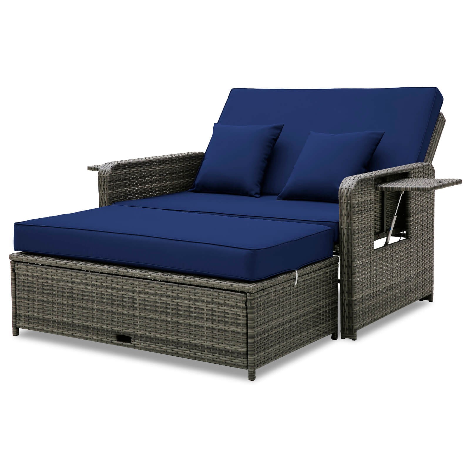 Wicker Loveseat Sofa Set Patio Rattan Daybed w/ Ottoman & Retractable Side Tray