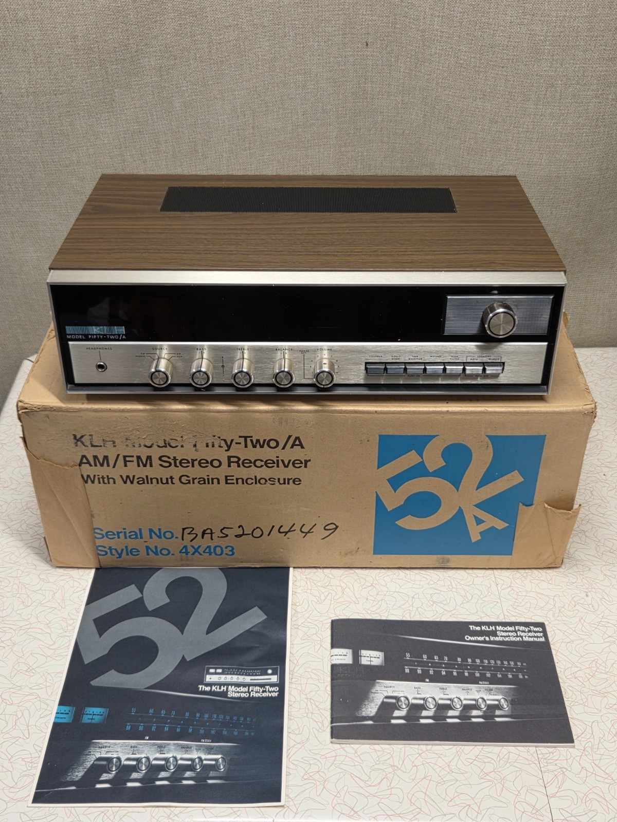MINT! Rare! KLH Fifty Two/A VTG Receiver w/Orig Box & Packing 52A Works Great