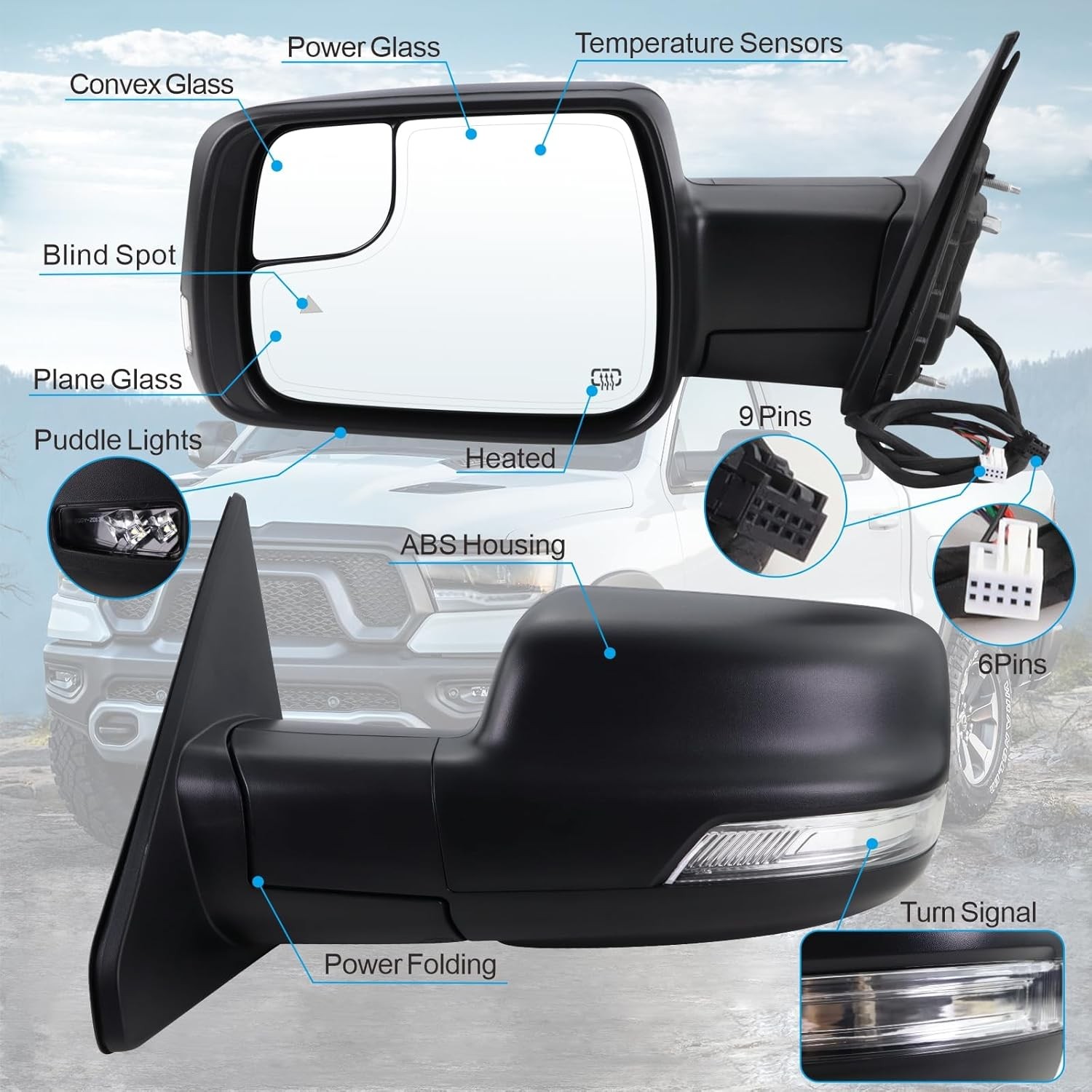 For Dodge Ram 1500 2019-2026 Left Driver Side Mirror Heated Signal Blind Spot