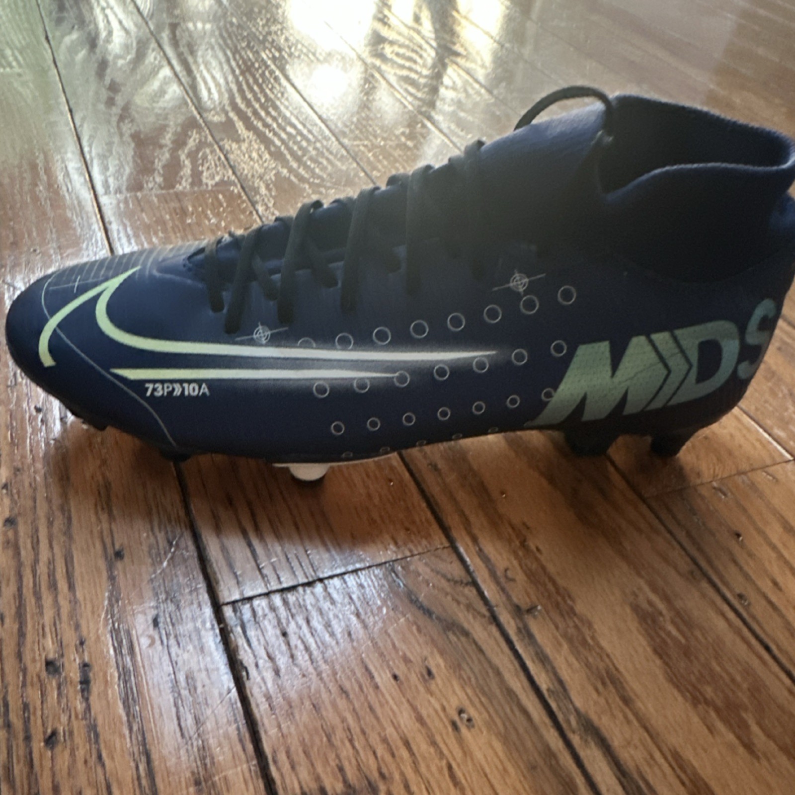 Nike MDS Navy Blue Light Green Graphic Print Mid Top Soccer Cleats Plastic