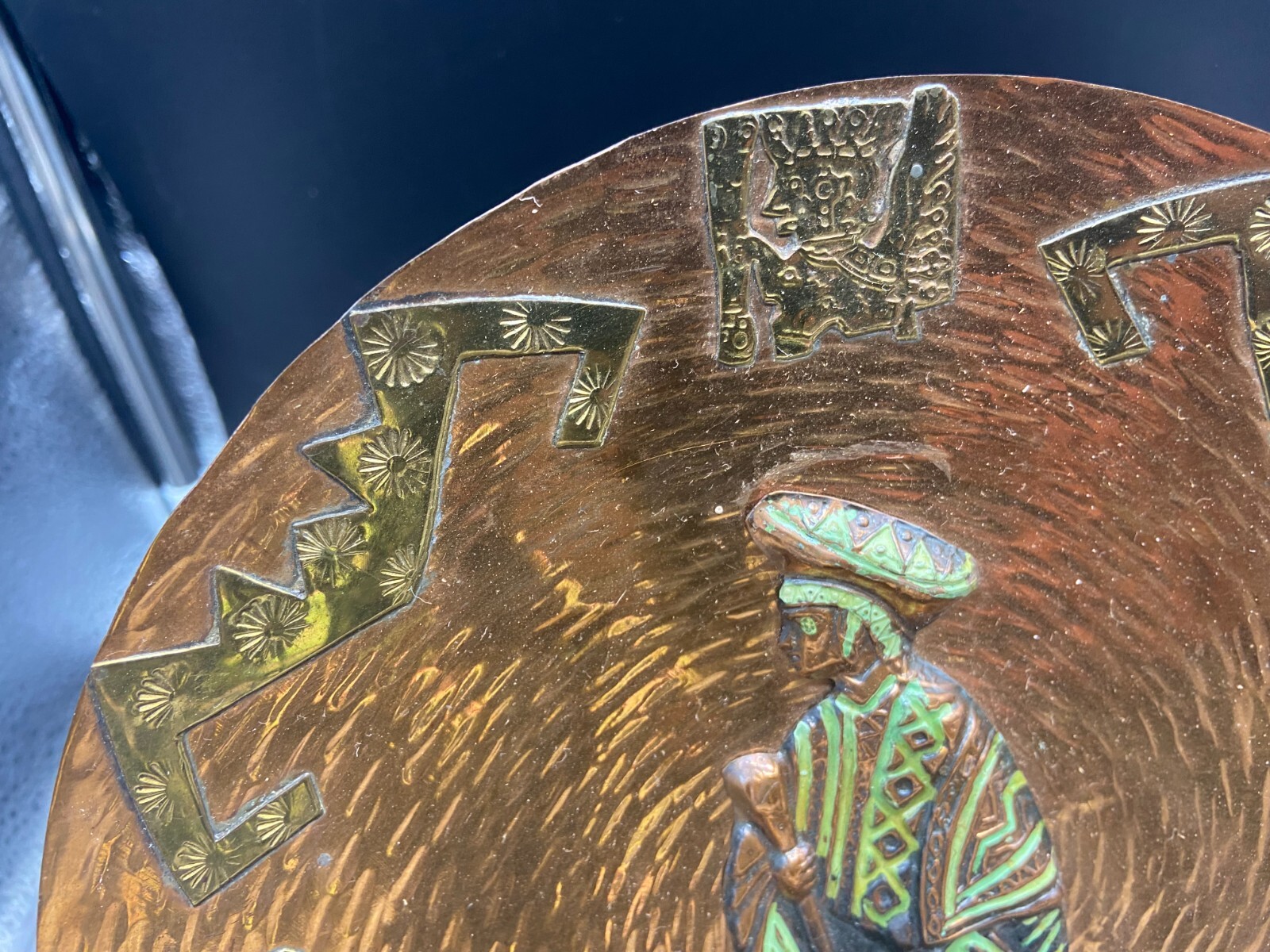 3 Peruvian Artisan Copper Decorated Colored Wall Plates