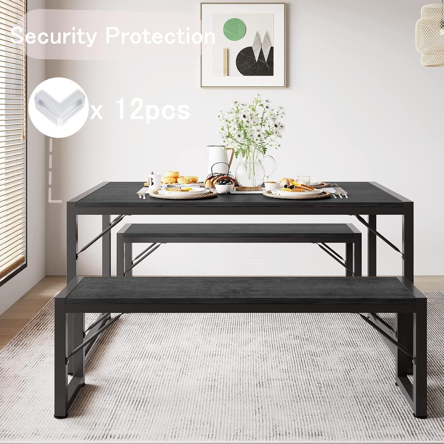 45.5" Dining Table Set for 4 with 2 Benches Kitchen Table Set with Metal Frame