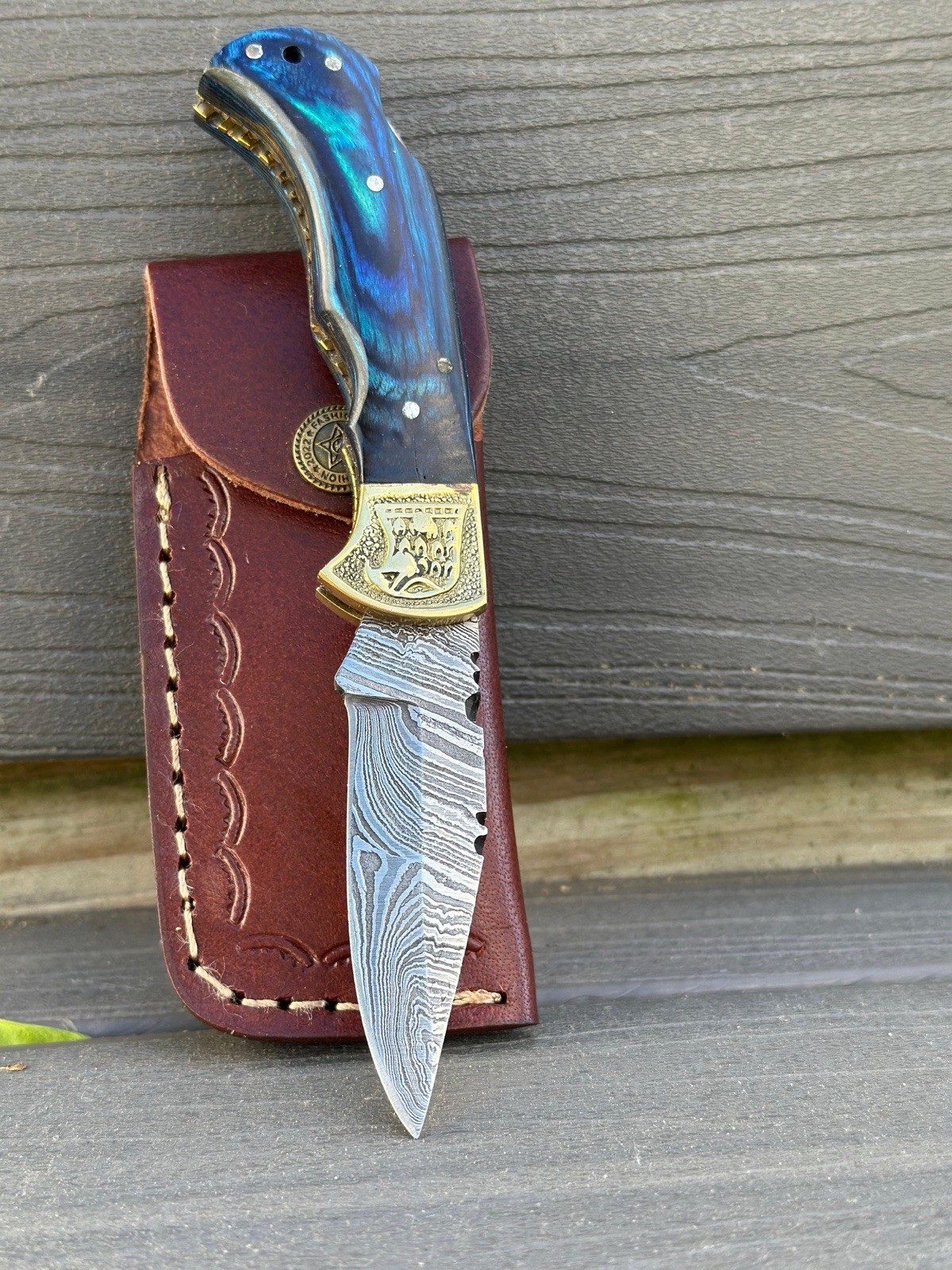 Custom Handmade Damascus Steel Folding Blade Pocket Knife - Taxes Blue Knives