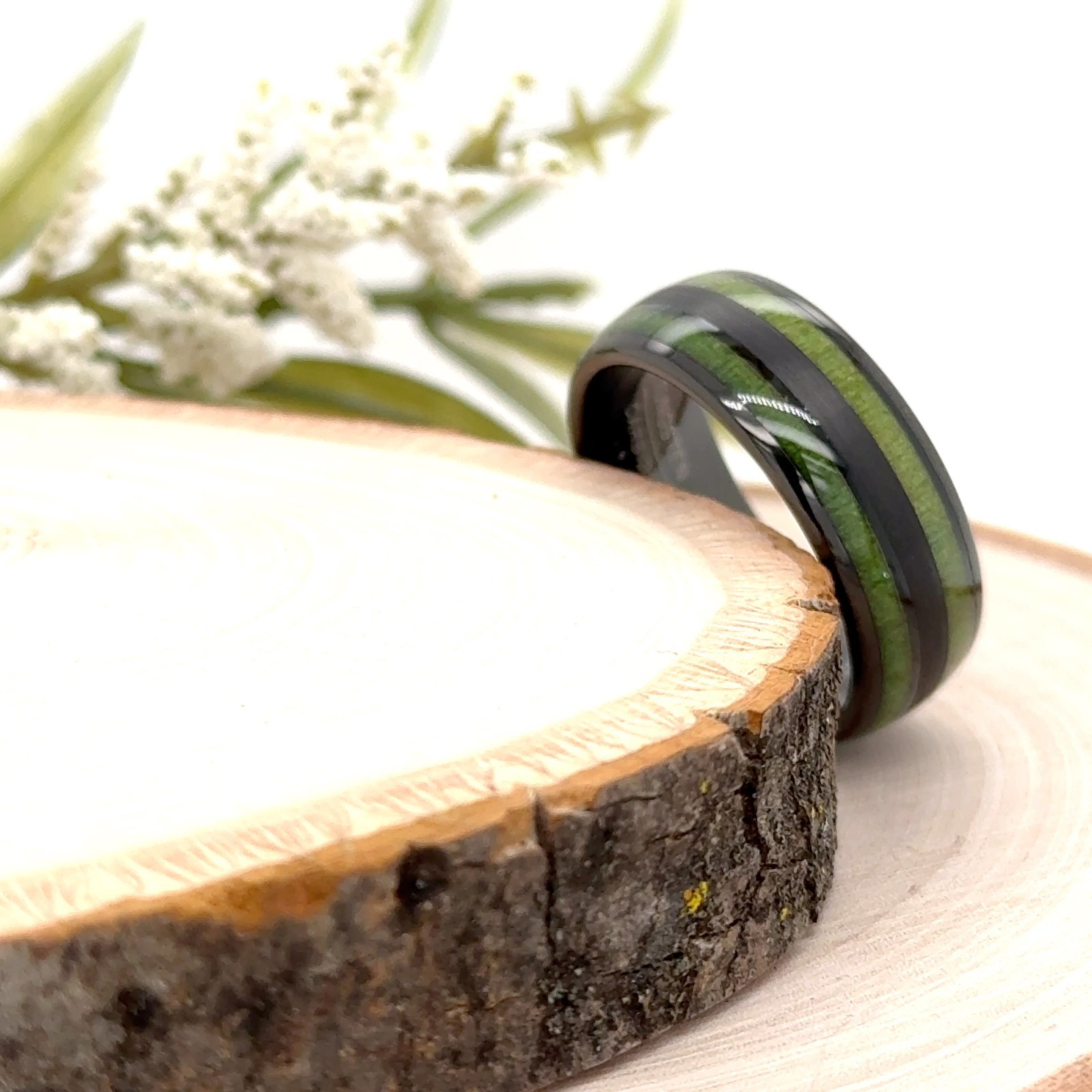 8mm Black Tungsten Promise Ring Green Dual Strip Inlay Unisex Band For Christmas