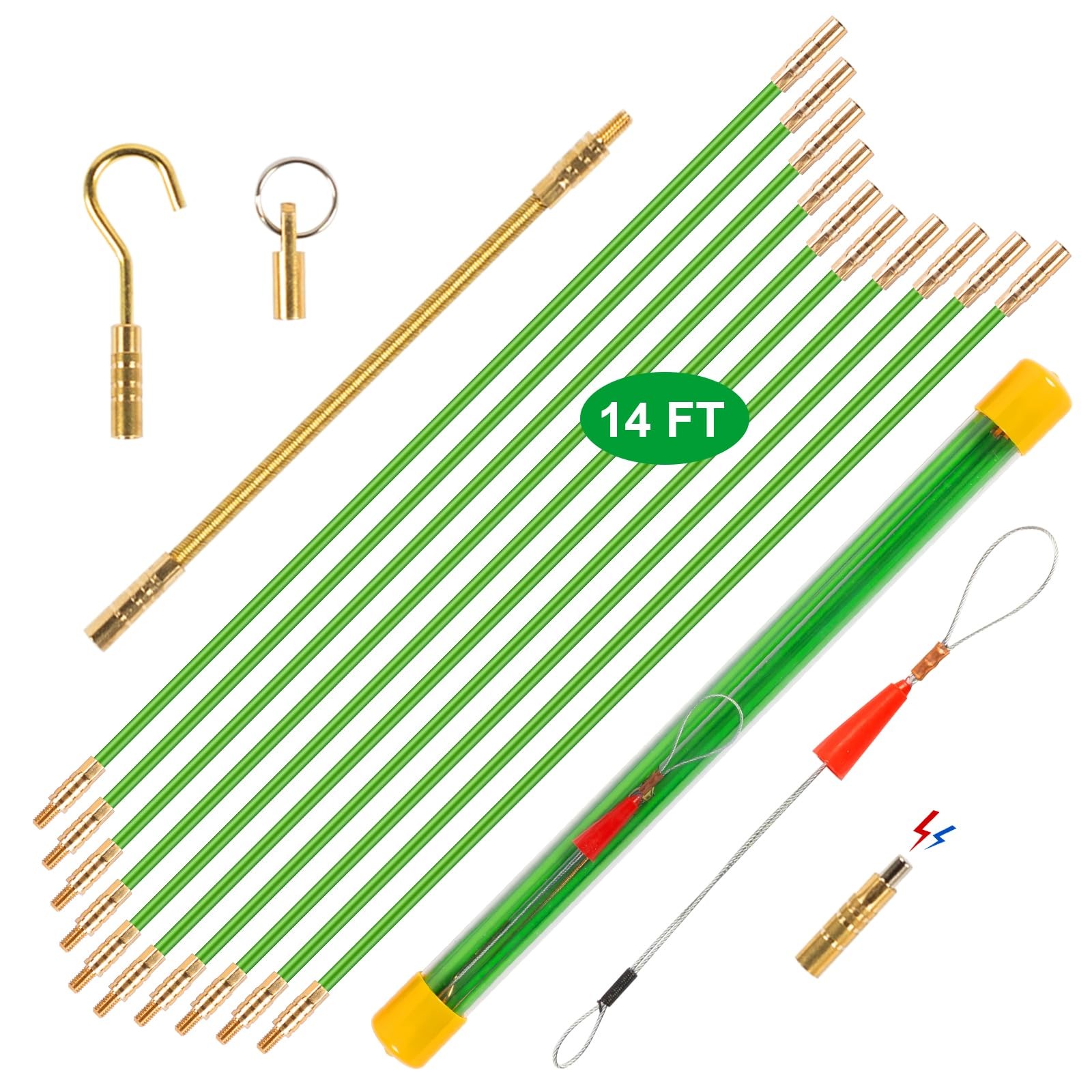 14' Wire Fishing Tool Fish Tape Cable Rods, Green Wire Puller with 5 Attachments