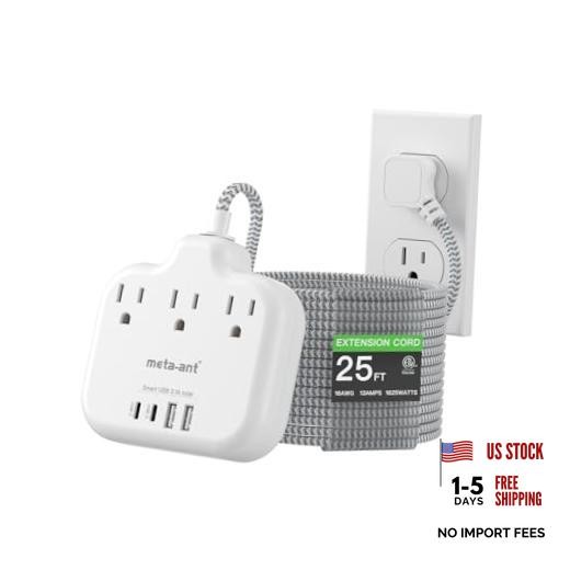 Extension Cord with USB C - Flat Plug Braided Extension Cord with 3 25FT White
