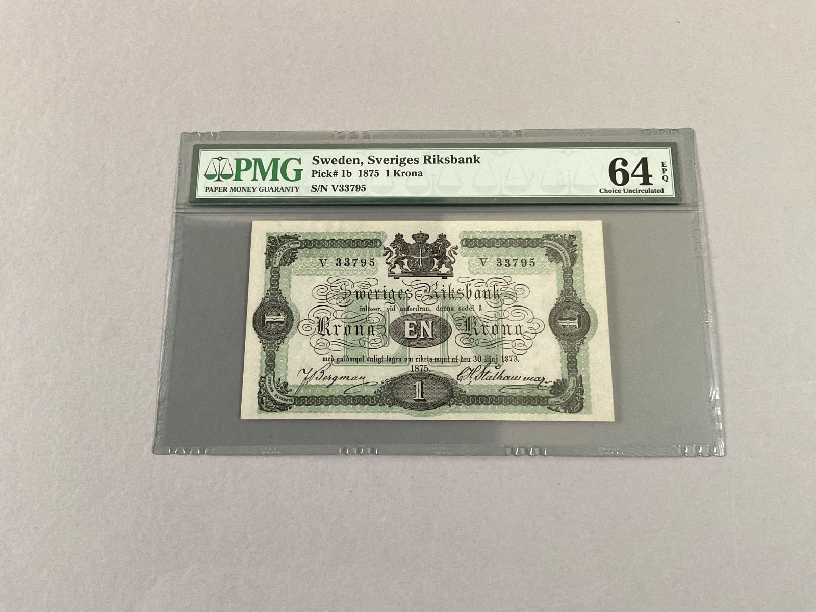Sweden 1 Krona P-1b 1875  PMG 64 EPQ