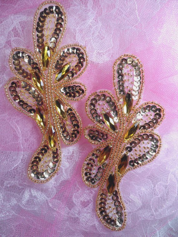 Appliques Mirror Pair Gold Jeweled Sequin Beaded Dance 5.25" (JB120X-gl)
