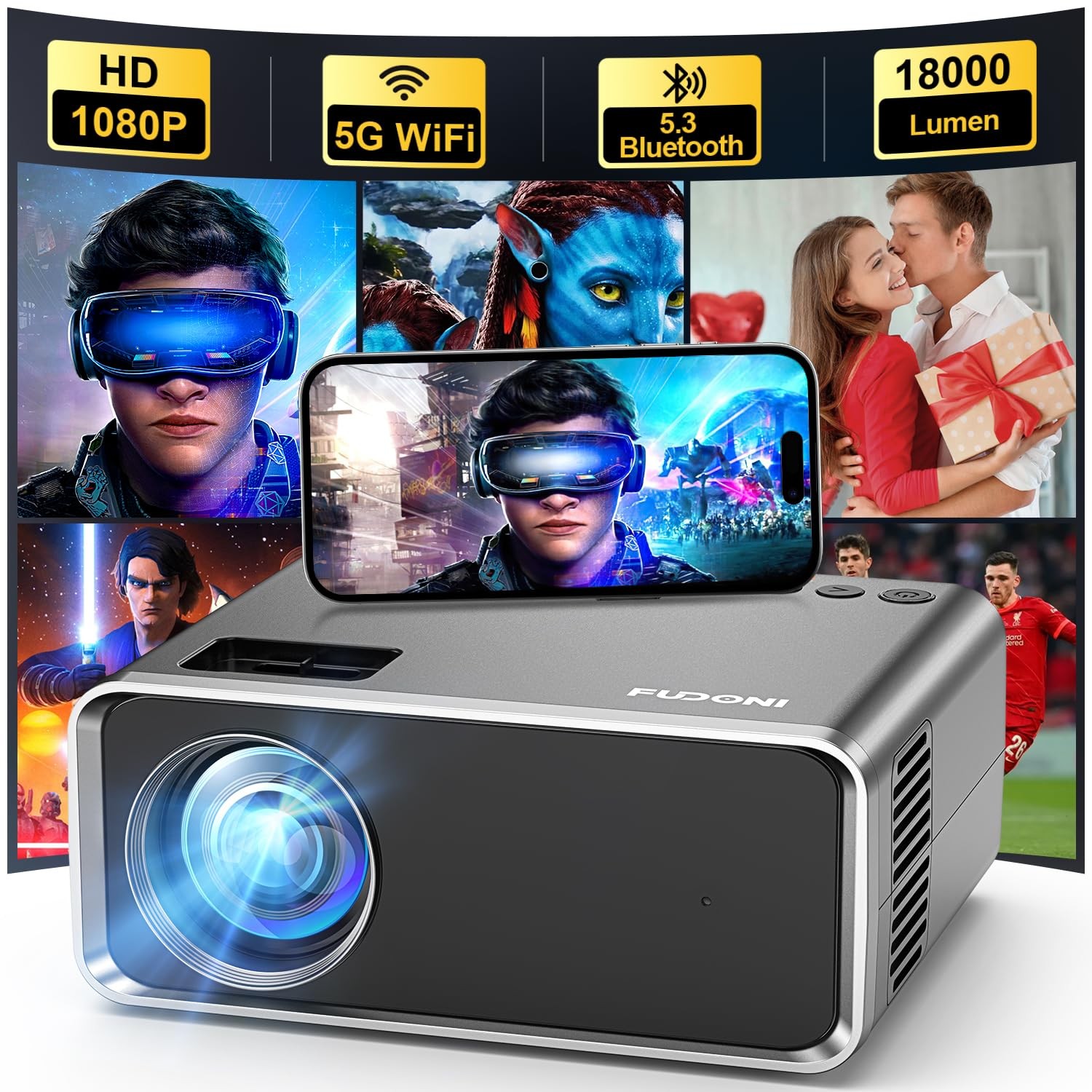 WiFi Bluetooth Projector, 4K Supported, Native 1080P FHD Projector
