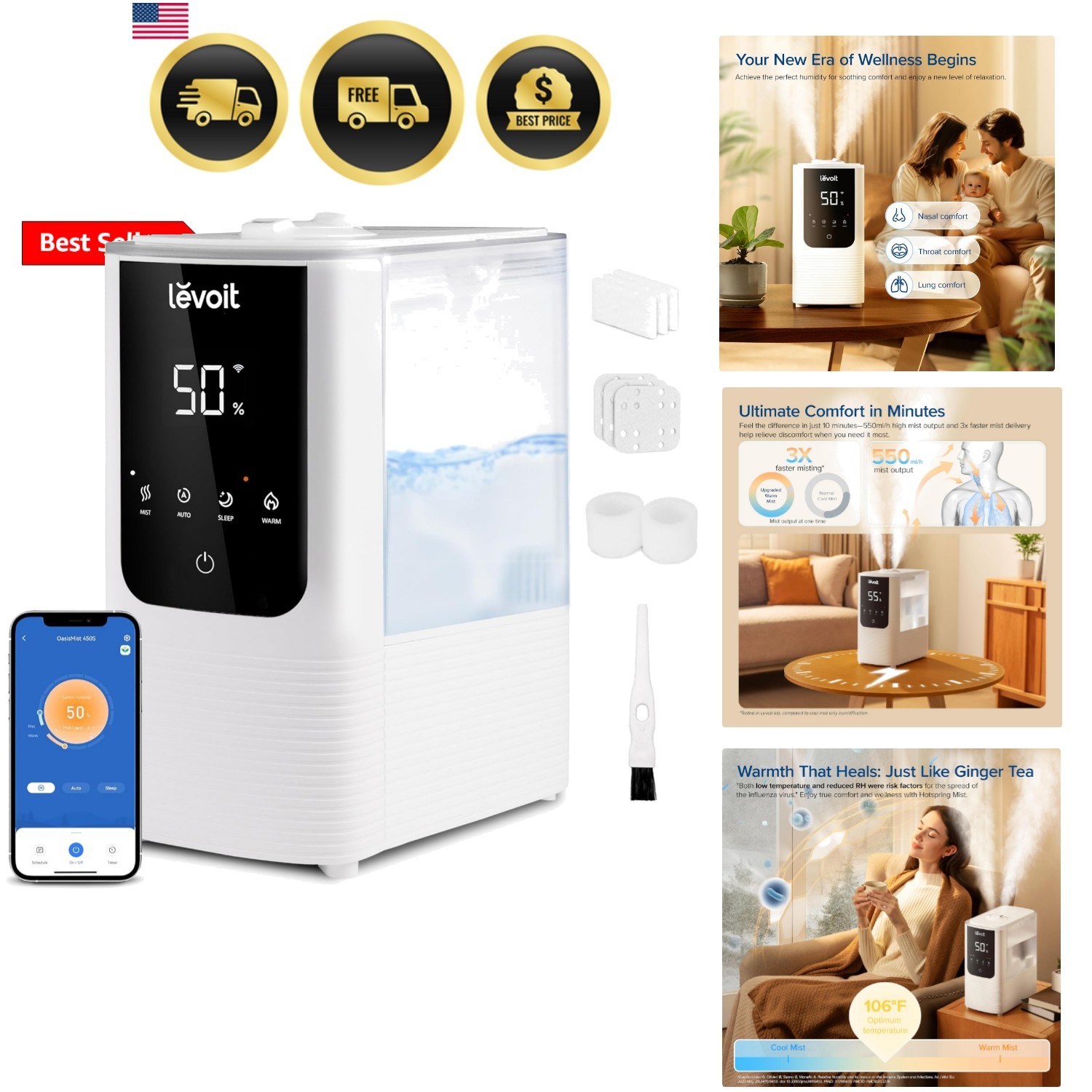 Humidifiers for Bedroom Home, Smart Warm and Cool Mist Air Humidifier for Lar...