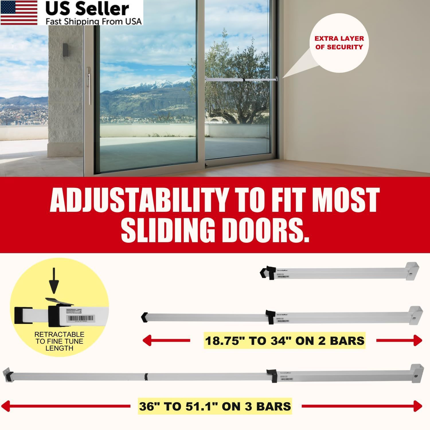 SECURITYMAN Sliding Door Security Bar-Child Proof One Size", White