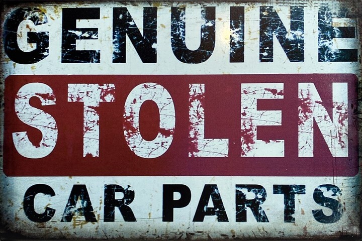WEATHERED METAL SIGN GENUINE STOLEN PARTS GARAGE BUILDING DIORAMA LAYOUT 3x2