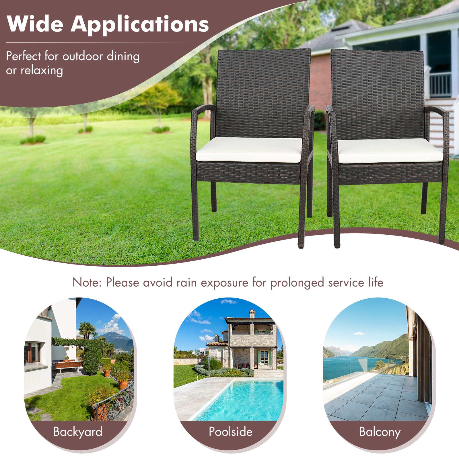 5 PCS Patio Wicker Dining Set Cushion Armchairs Acacia Wood Table Umbrella Hole