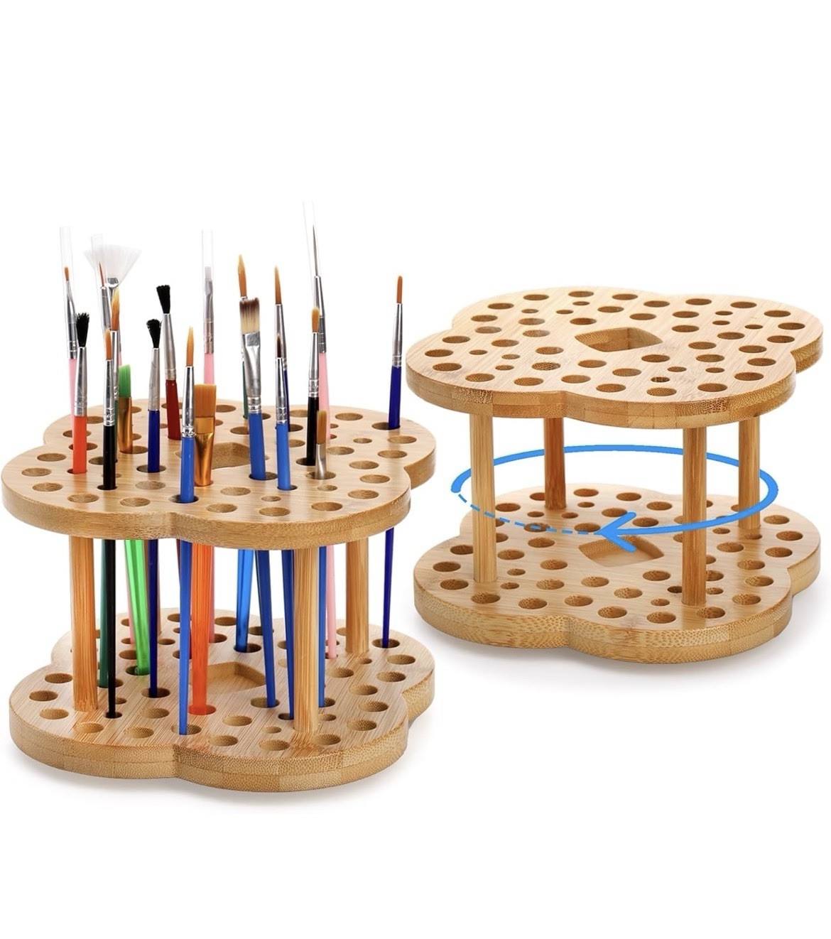 Foraineam 2 Pack Rotating Paint Brush Holder 53 Holes Bamboo Natural Color