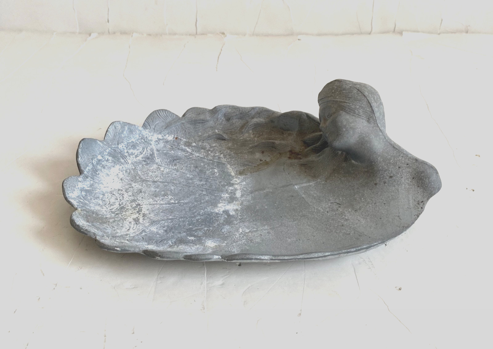 Vintage Cast Metal Art Nouveau Lady Peacock Feathers Tray Dish Jewelry Decor B