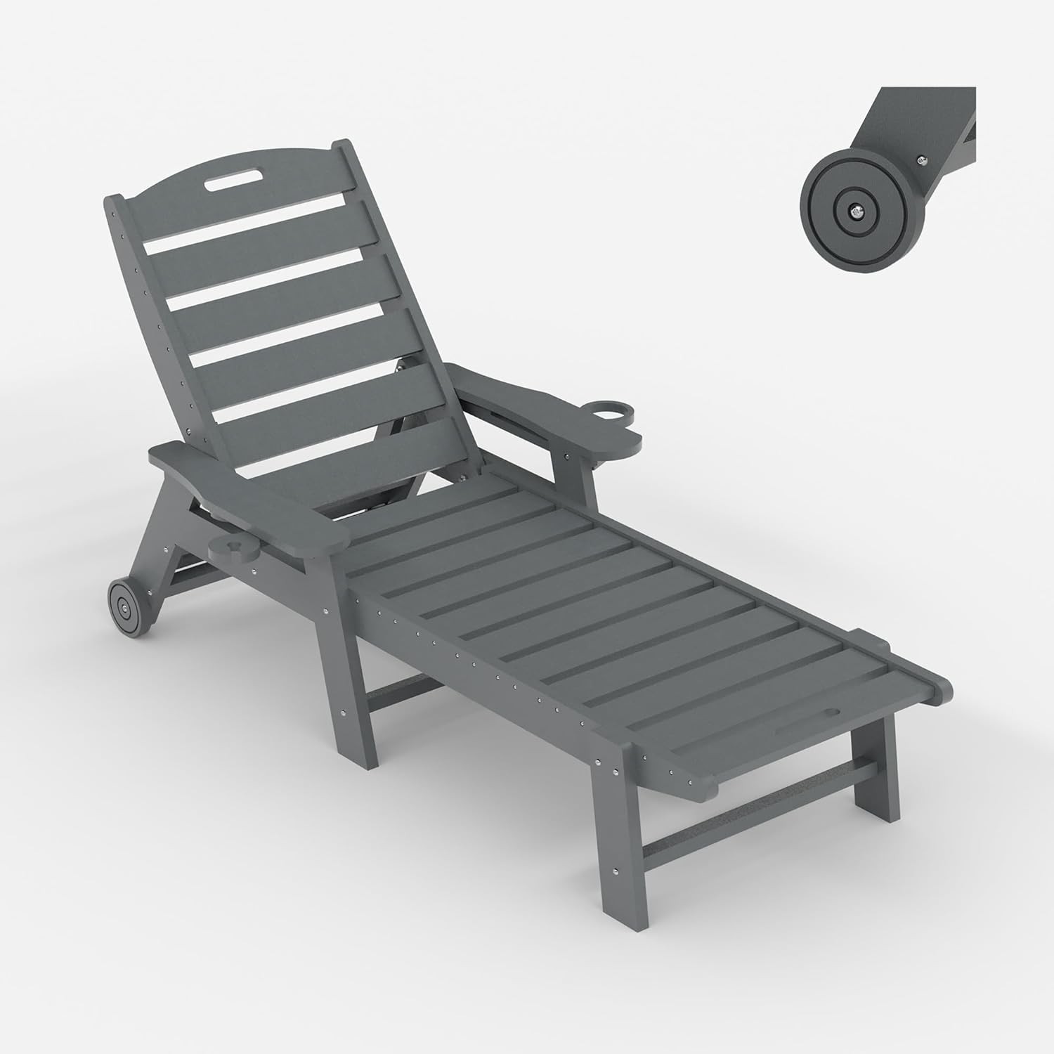HDPE Outdoor Chaise Lounge, 5-Position Adjustable W/ Rolling Wheels & Cup Holder