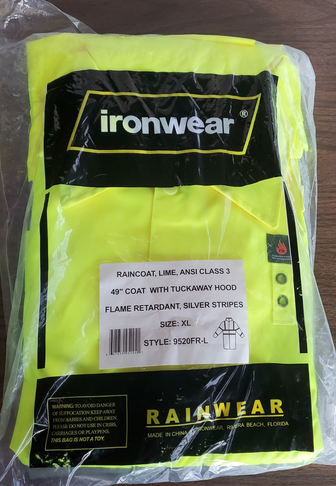 Ironwear FR Safety Raincoat ANSI Class 3 49” Coat W/ Tuckaway Hood  Sz XL 9520FR