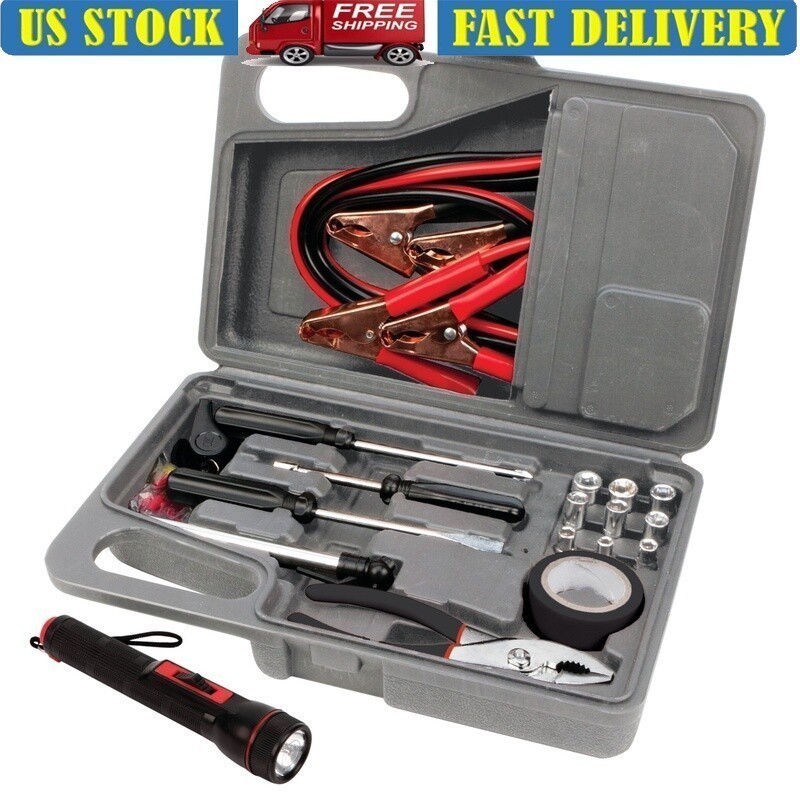 Roadside Emergency Tool Kit Jumper Cables Flashlight Tire Gauge Pliers Compact