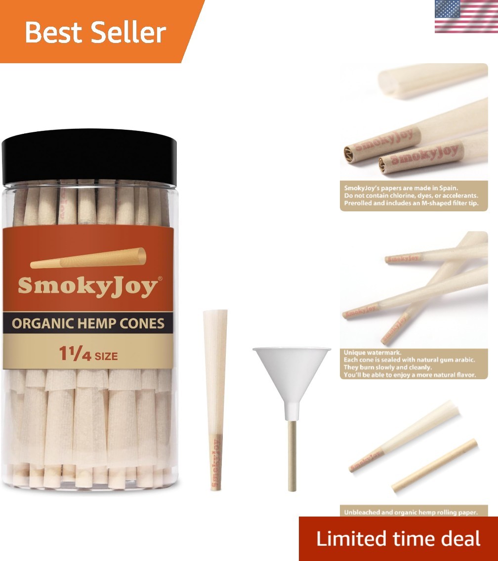 50 Pack Organic 1 1/4 Size Pre-Rolled Cones with Filter Tips - Slow Burning