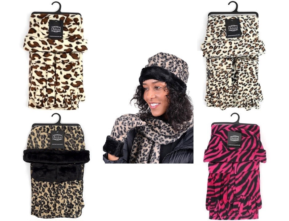 Women's Hat Scarf & Gloves Winter Sets Animal Print Matching Fleece Outfit 3-Pc