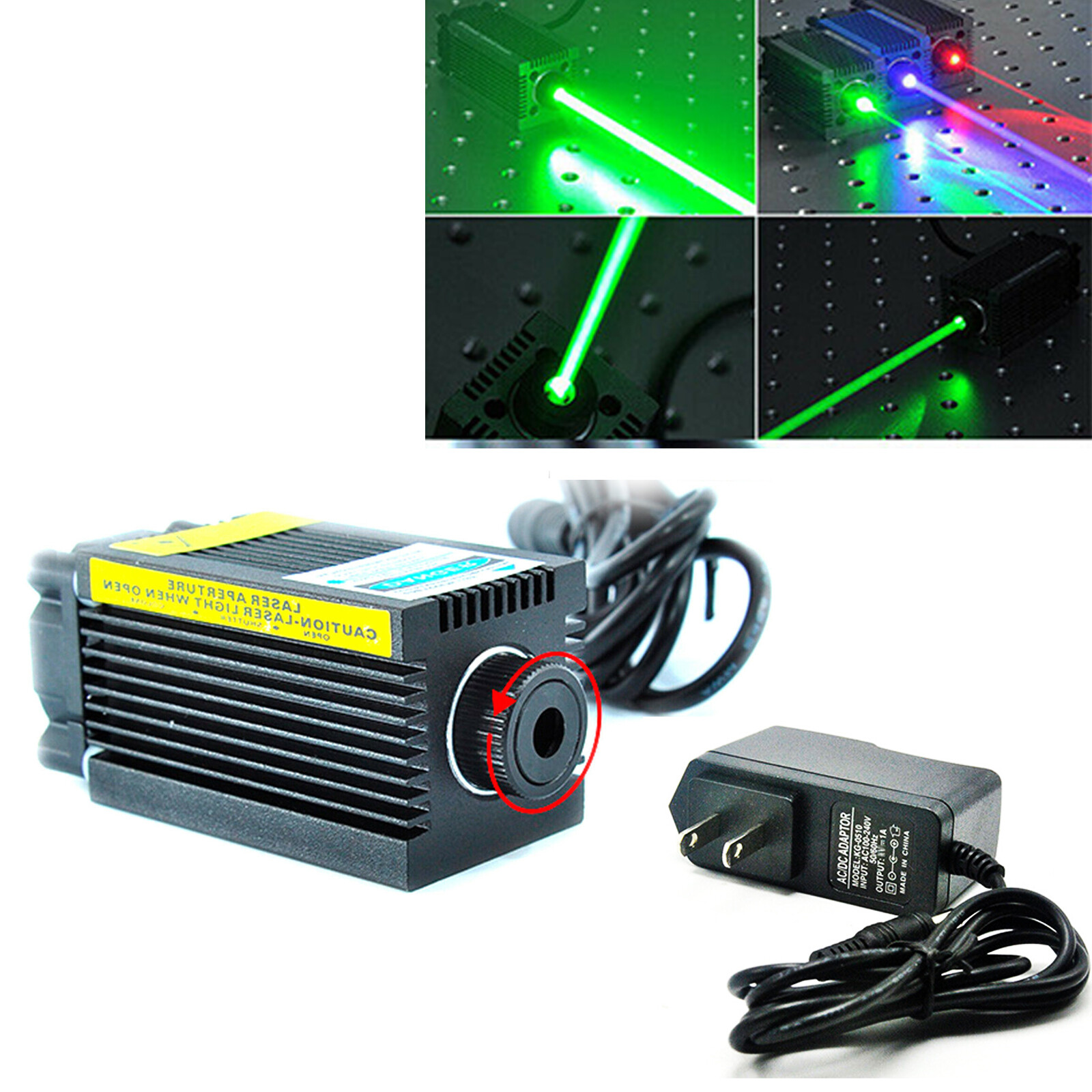 Focusable 515nm 520nm 1W 1000mW Green Laser Module with 12V Adapter 33x55mm