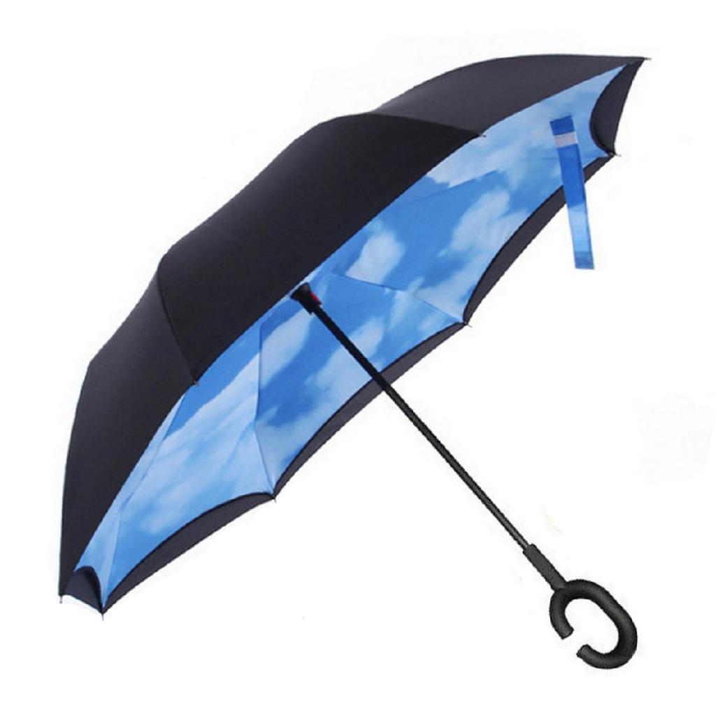 BLUE SKY C HANDLE UMBRELLA Reverse Inside Out Folding Double Layer Nylon Rain UV